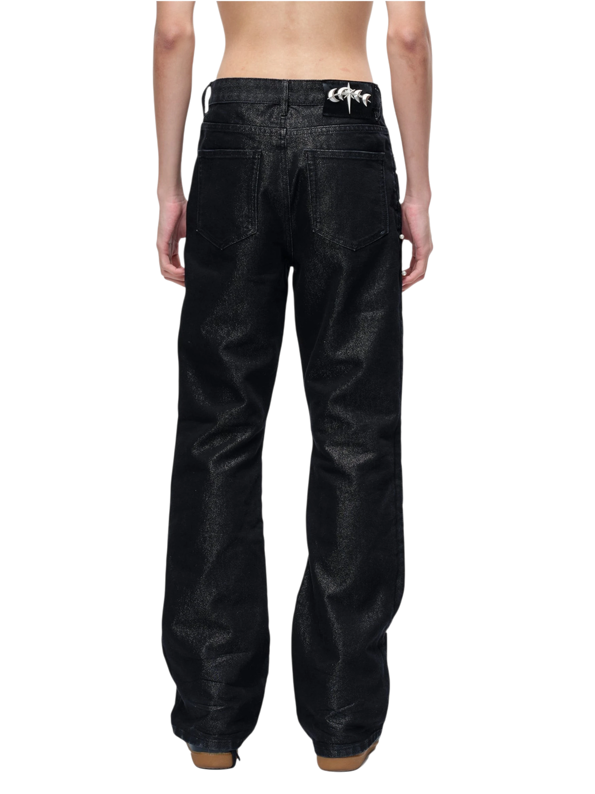 TBHNP Luminous Dawn astral logo coated flare jeans, black — men's streetwear denim