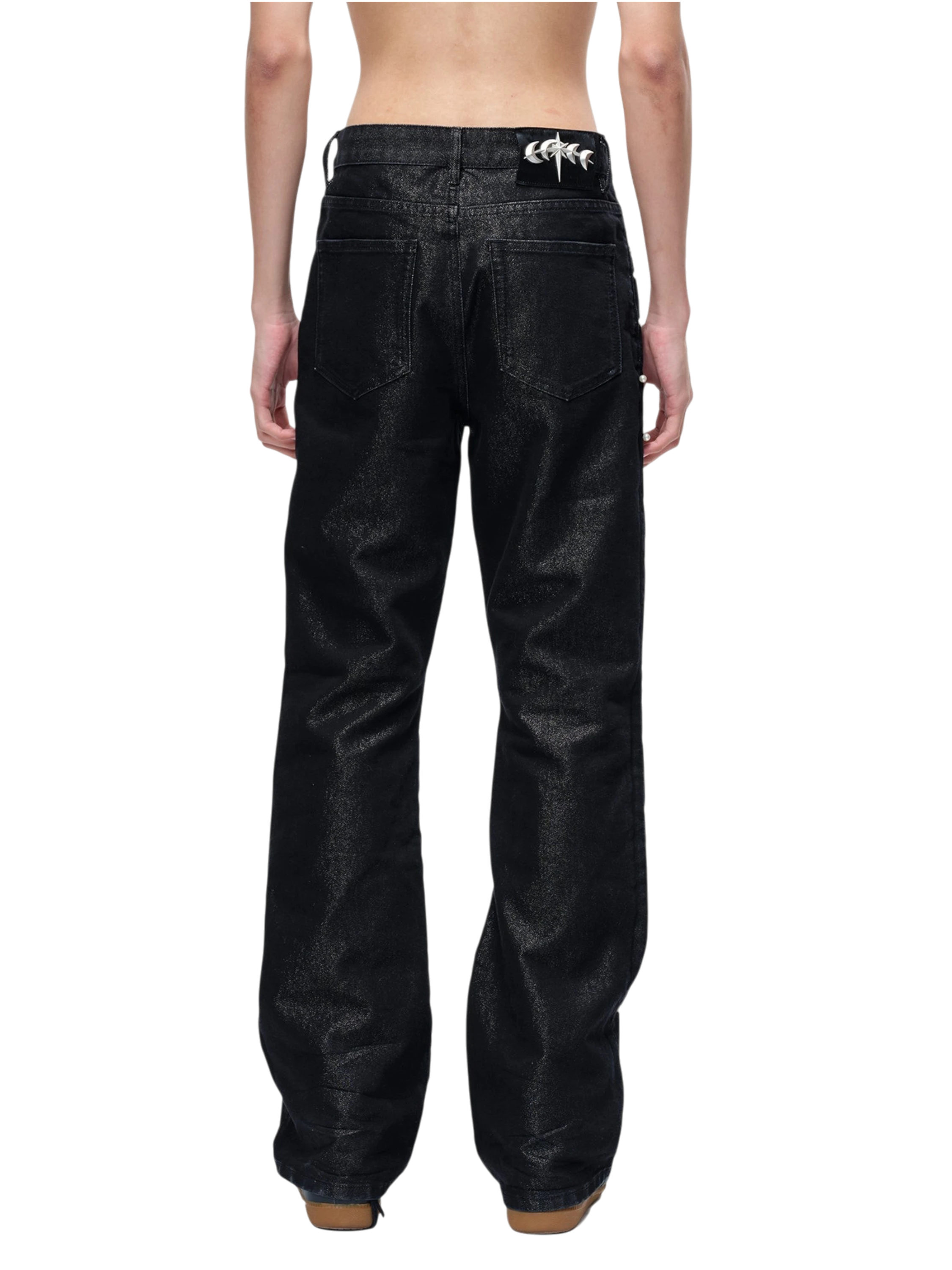 TBHNP Luminous Dawn astral logo coated flare jeans, black — men's streetwear denim