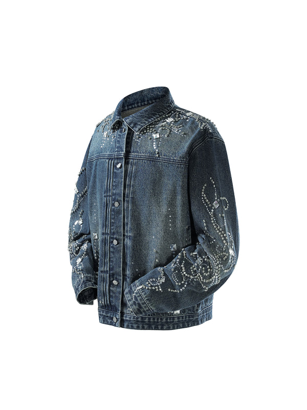 LUMINOUS DAWN RHINESTONE CROPPED DENIM JACKET