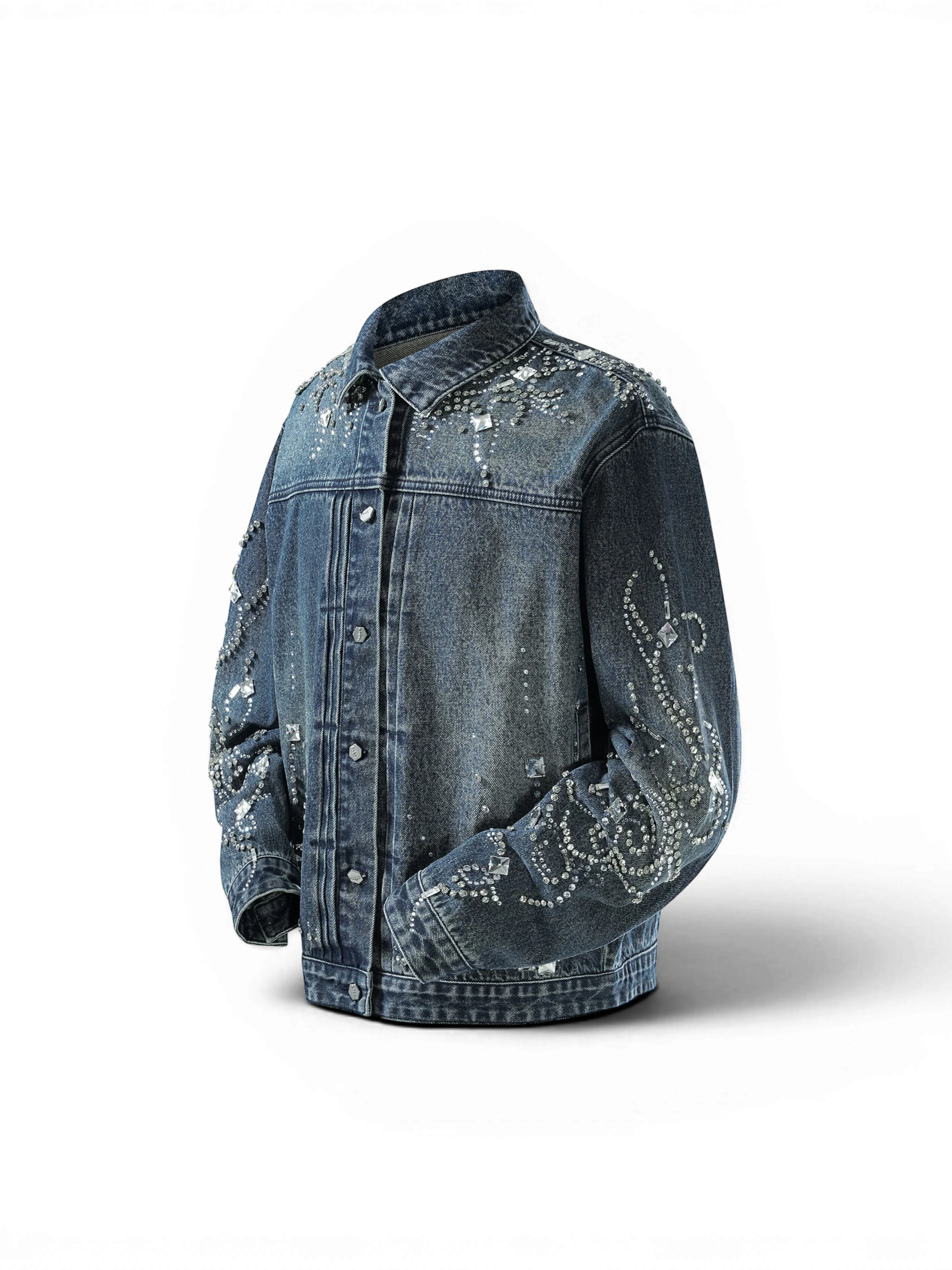 TBHNP Luminous Dawn rhinestone cropped denim jacket, blue — men's gothic streetwear jacket
