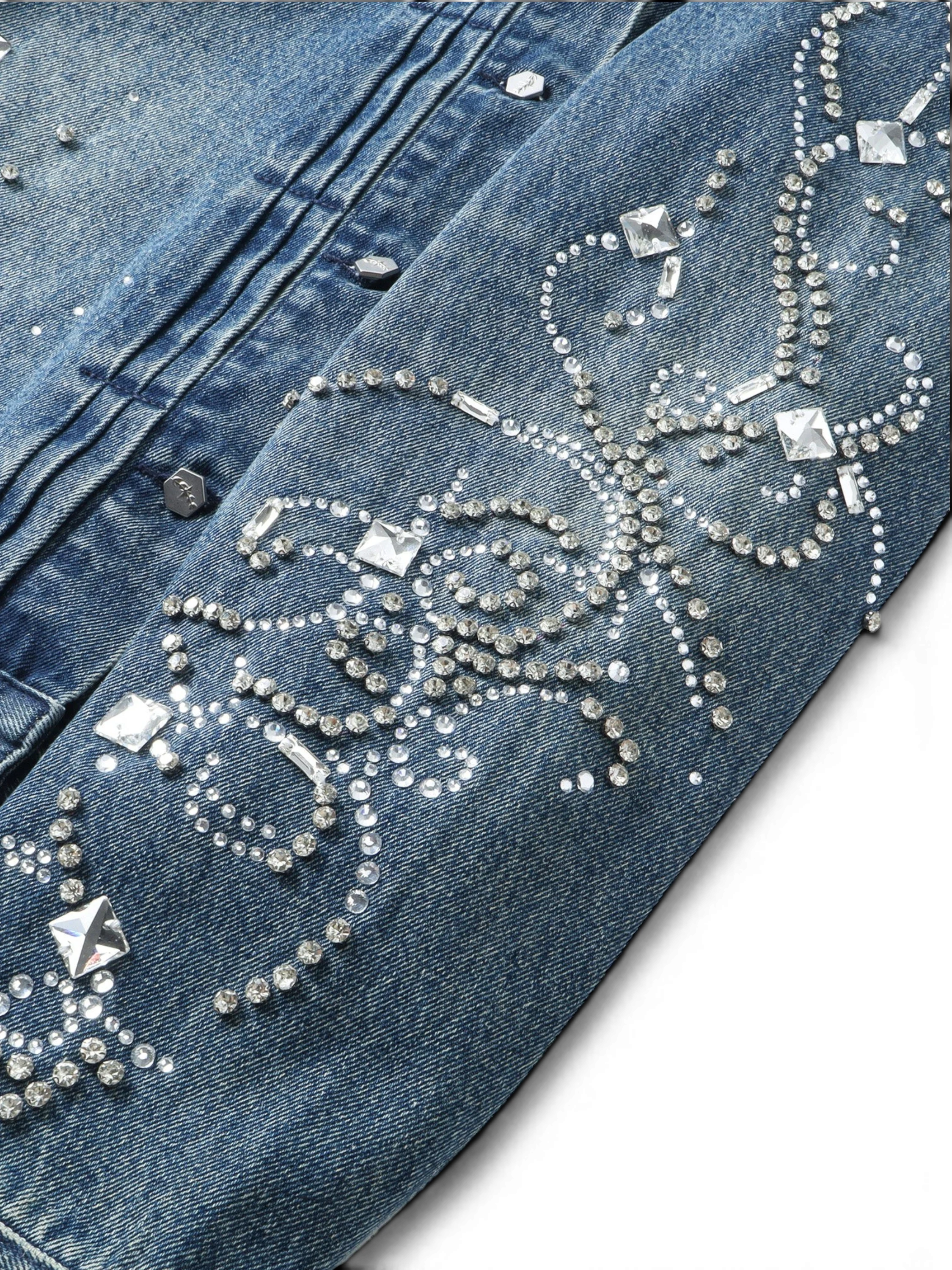 TBHNP Luminous Dawn rhinestone cropped denim jacket, blue — men's gothic streetwear jacket
