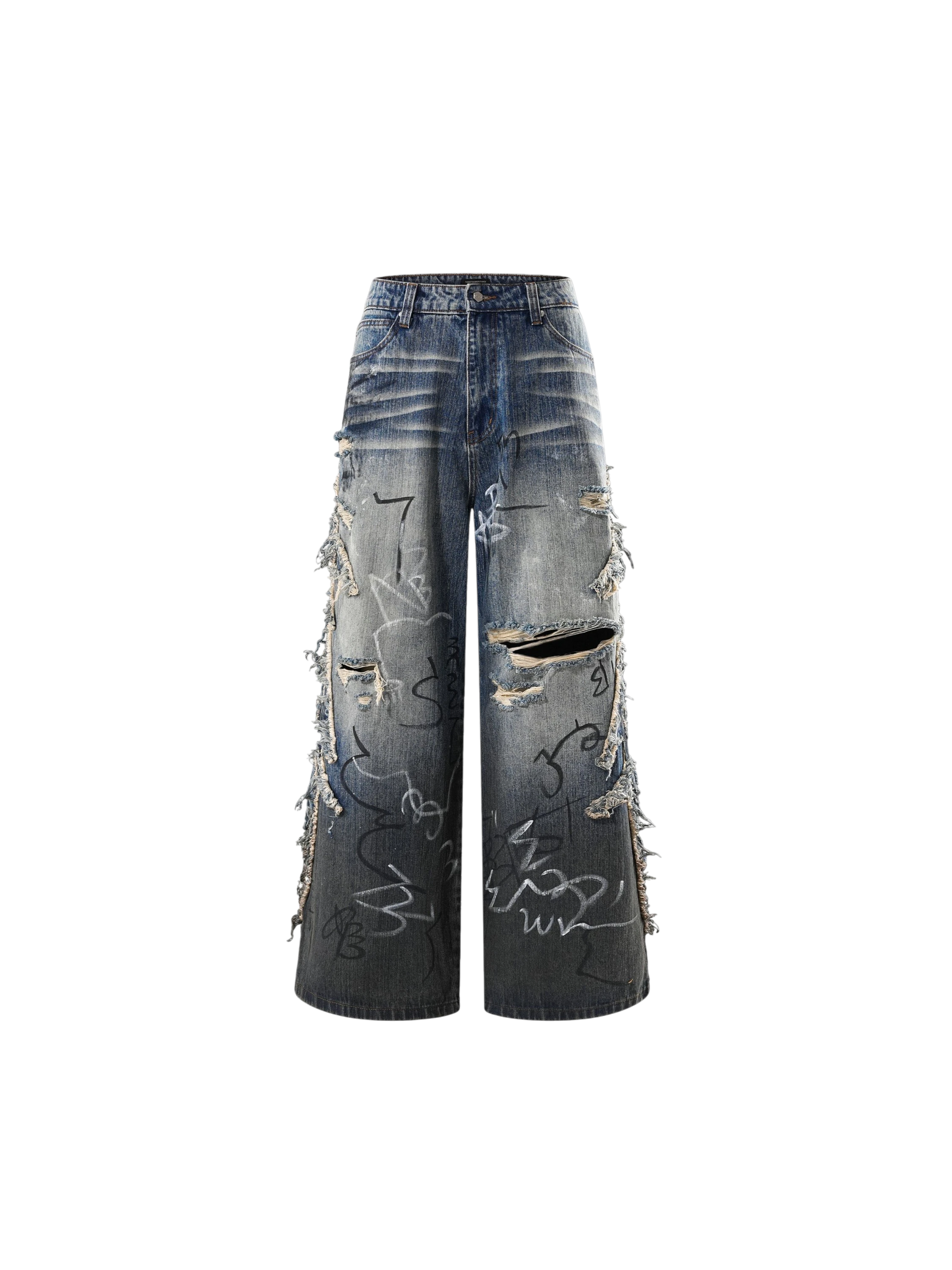 TBHNP Luminous Dawn baggy faded graffiti jeans, blue — men's distressed streetwear denim