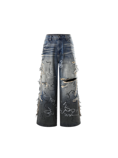 TBHNP Luminous Dawn baggy faded graffiti jeans, blue — men's distressed streetwear denim