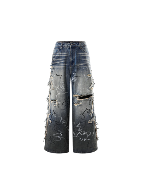 TBHNP Luminous Dawn baggy faded graffiti jeans, blue — men's distressed streetwear denim