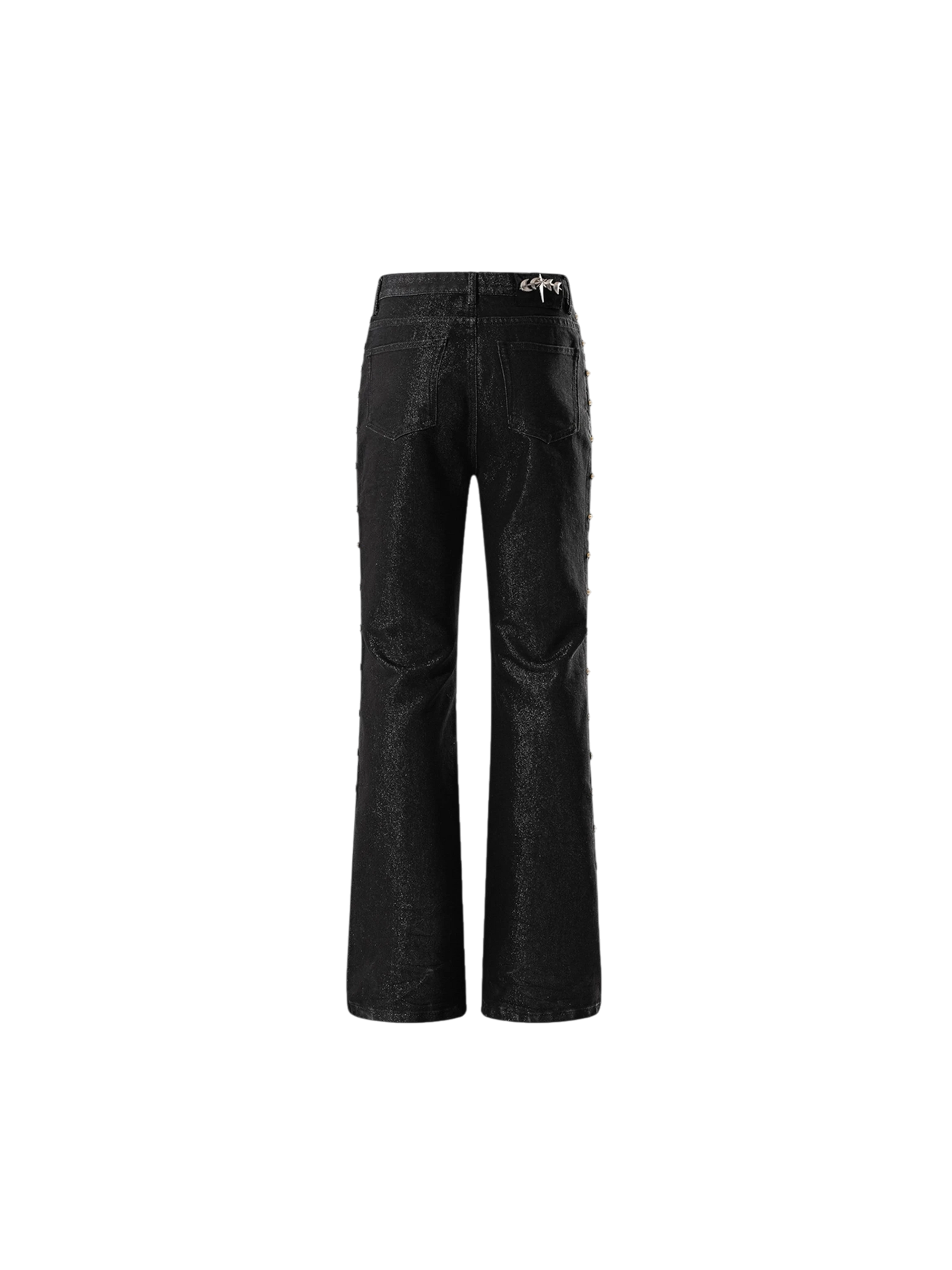 TBHNP Luminous Dawn astral logo coated flare jeans, black — men's streetwear denim