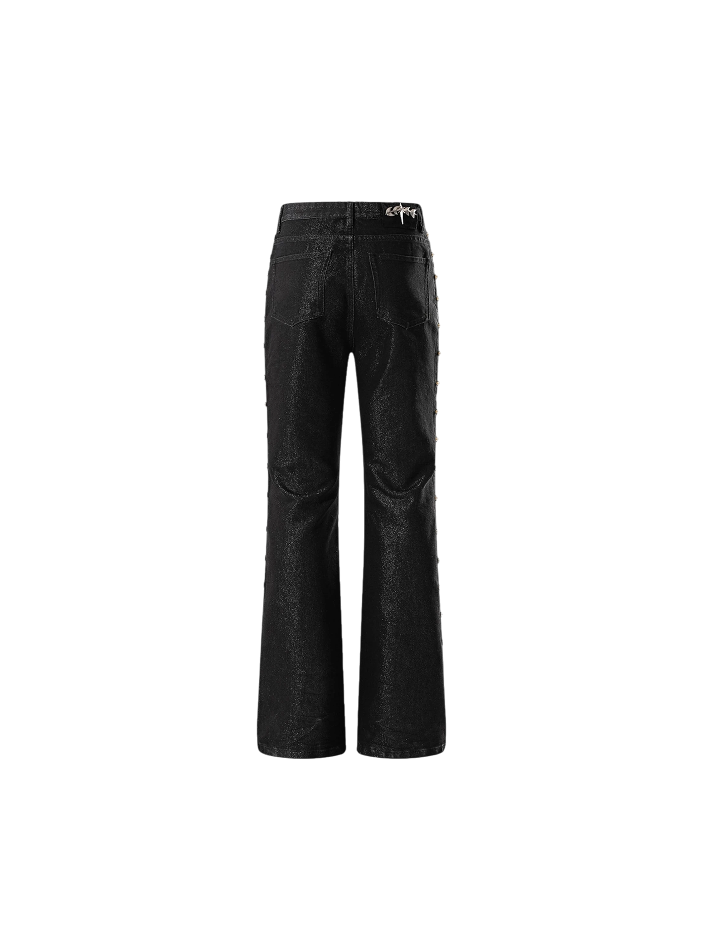 TBHNP Luminous Dawn astral logo coated flare jeans, black — men's streetwear denim