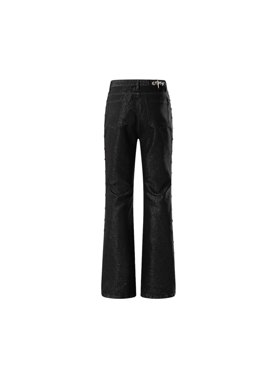 TBHNP Luminous Dawn astral logo coated flare jeans, black — men's streetwear denim
