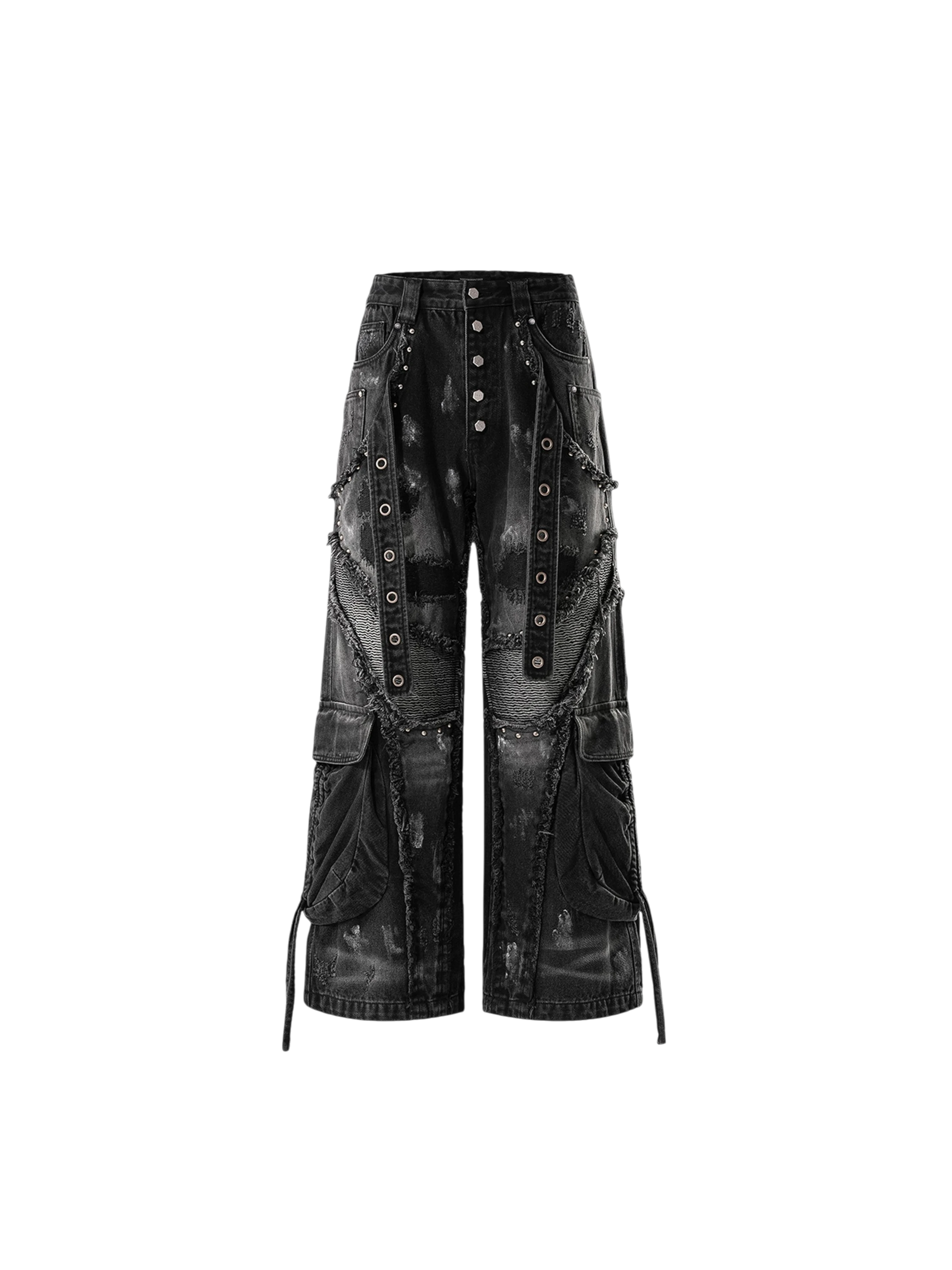 TBHNP Luminous Dawn rivet ribbon baggy jeans, black — men's streetwear denim