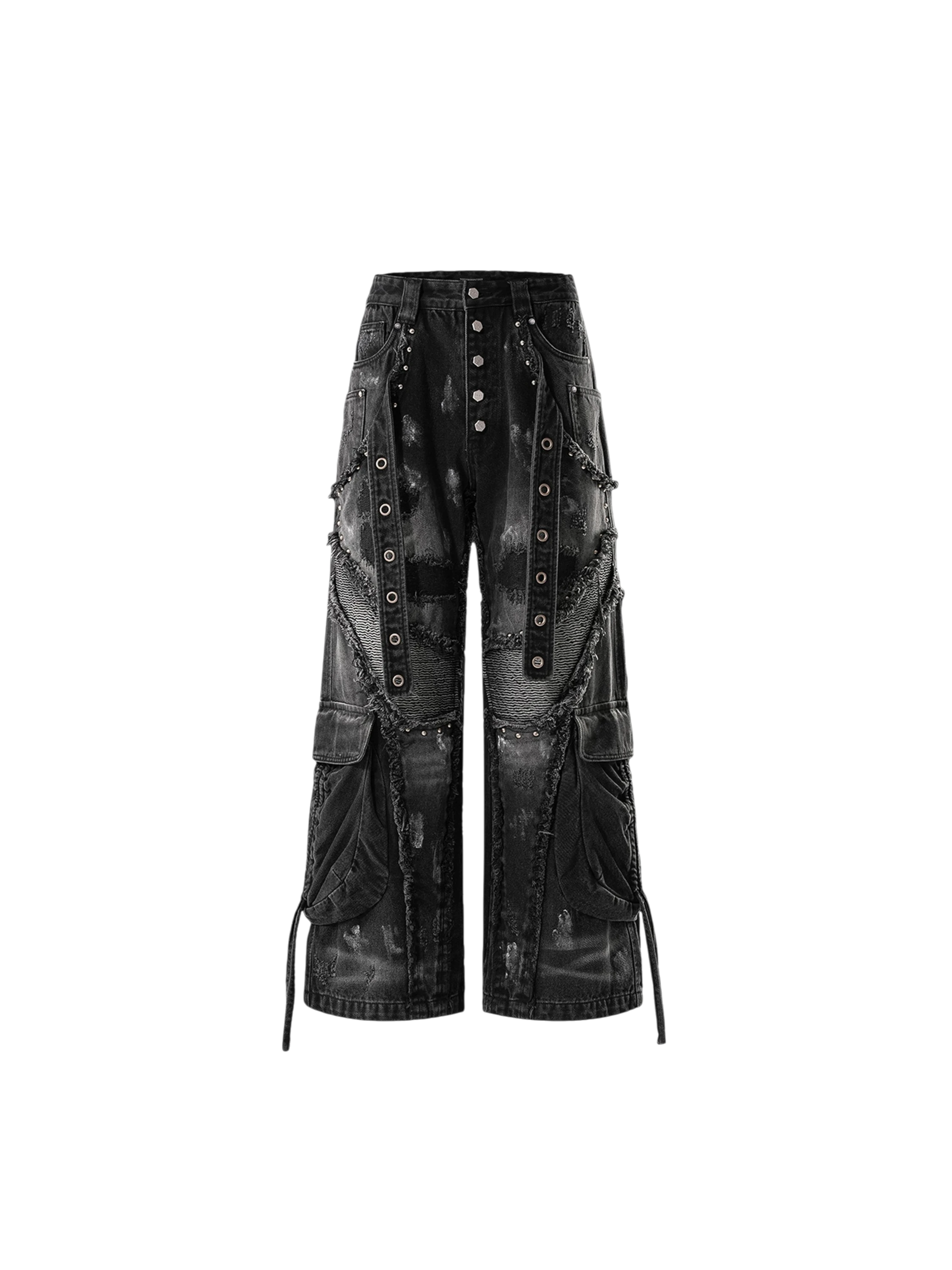 TBHNP Luminous Dawn rivet ribbon baggy jeans, black — men's streetwear denim