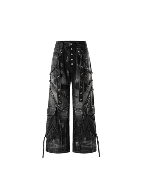 TBHNP Luminous Dawn rivet ribbon baggy jeans, black — men's streetwear denim