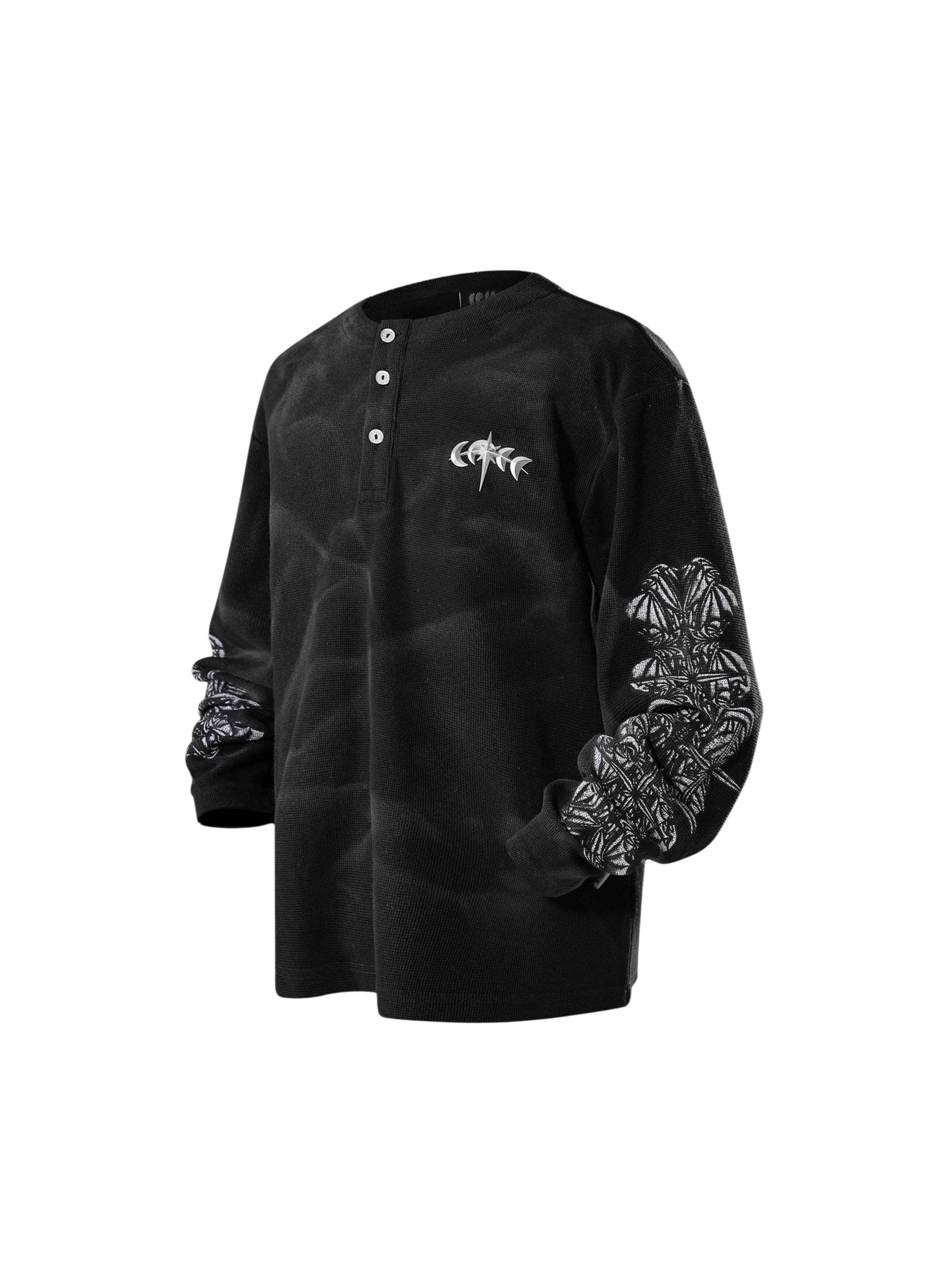 TBHNP Luminous Dawn waffle-knit henley long-sleeve top with metal chest badge — men's streetwear henley