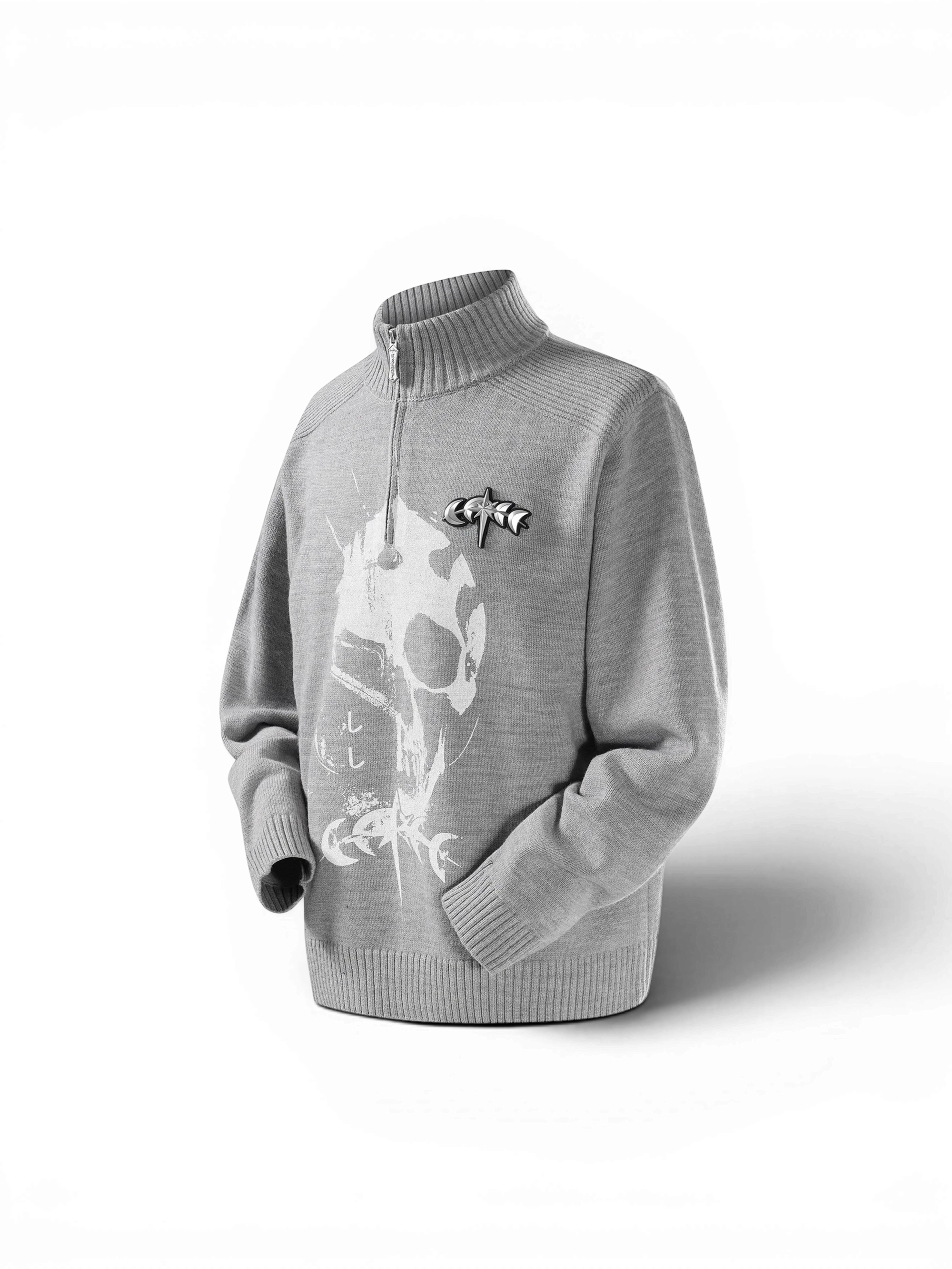 TBHNP Luminous Dawn knight quarter-zip knit sweater, heather grey — men's streetwear knitwear