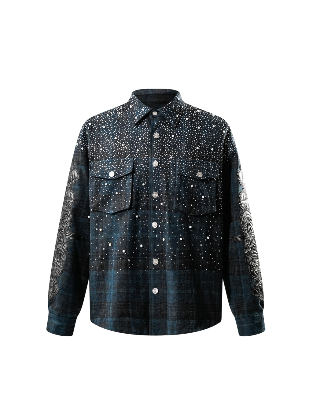 LUMINOUS DAWN RHINESTONE BAT PATTERN PLAID SHIRT