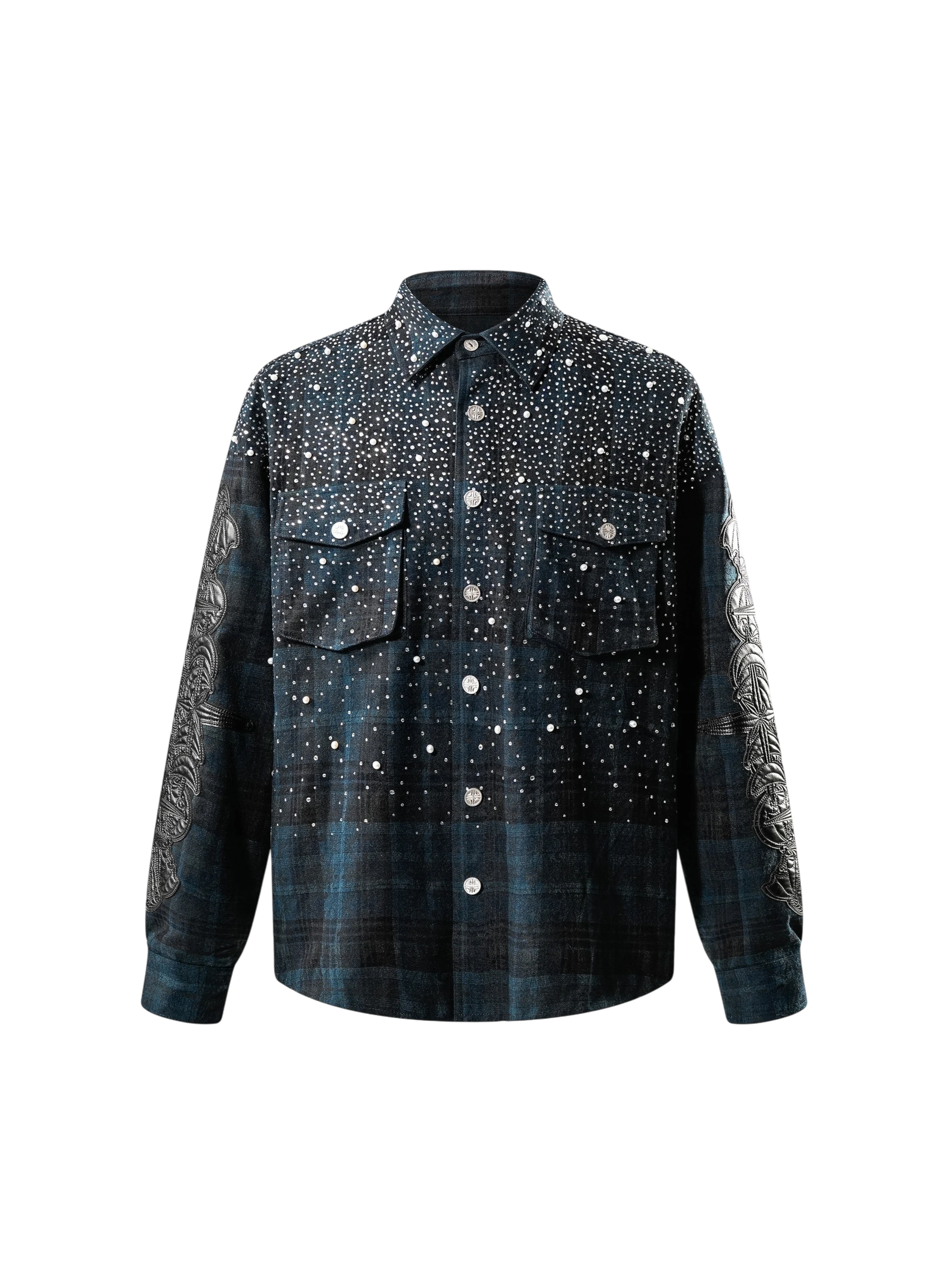 TBHNP Luminous Dawn rhinestone bat pattern plaid flannel shirt — men's gothic streetwear button-up