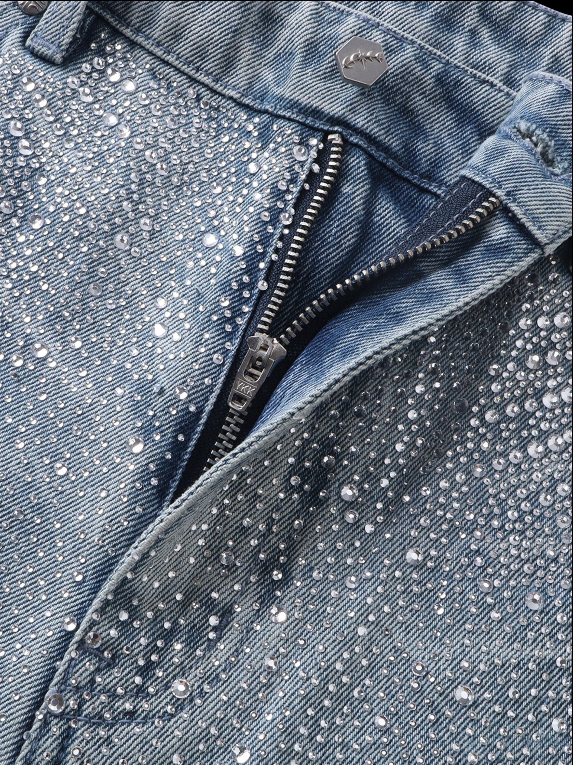 TBHNP Luminous Dawn gradient rhinestone wide-leg jeans, blue — men's streetwear denim