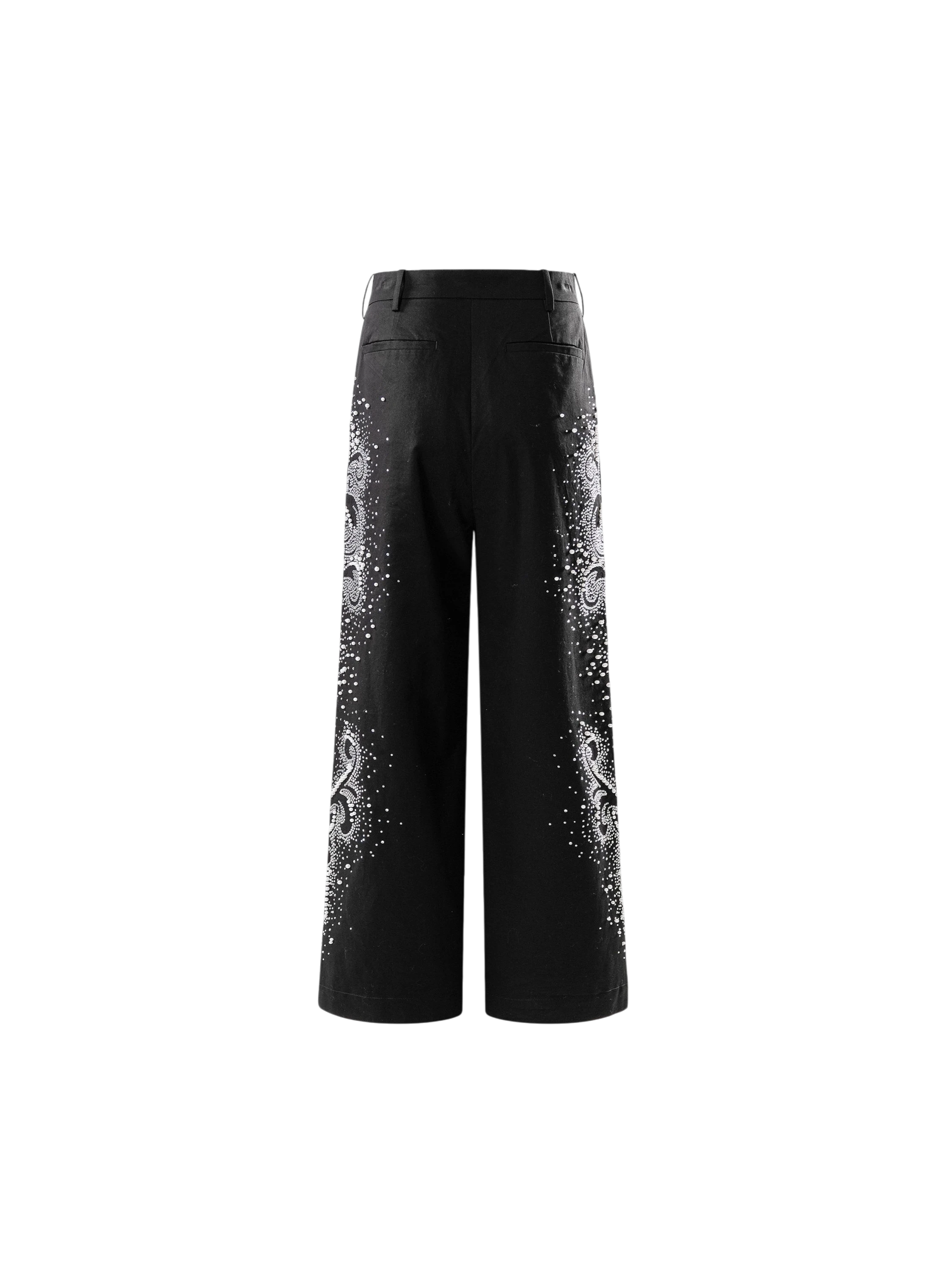 TBHNP Luminous Dawn pearl rhinestone wide-leg trousers, black — men's streetwear pants