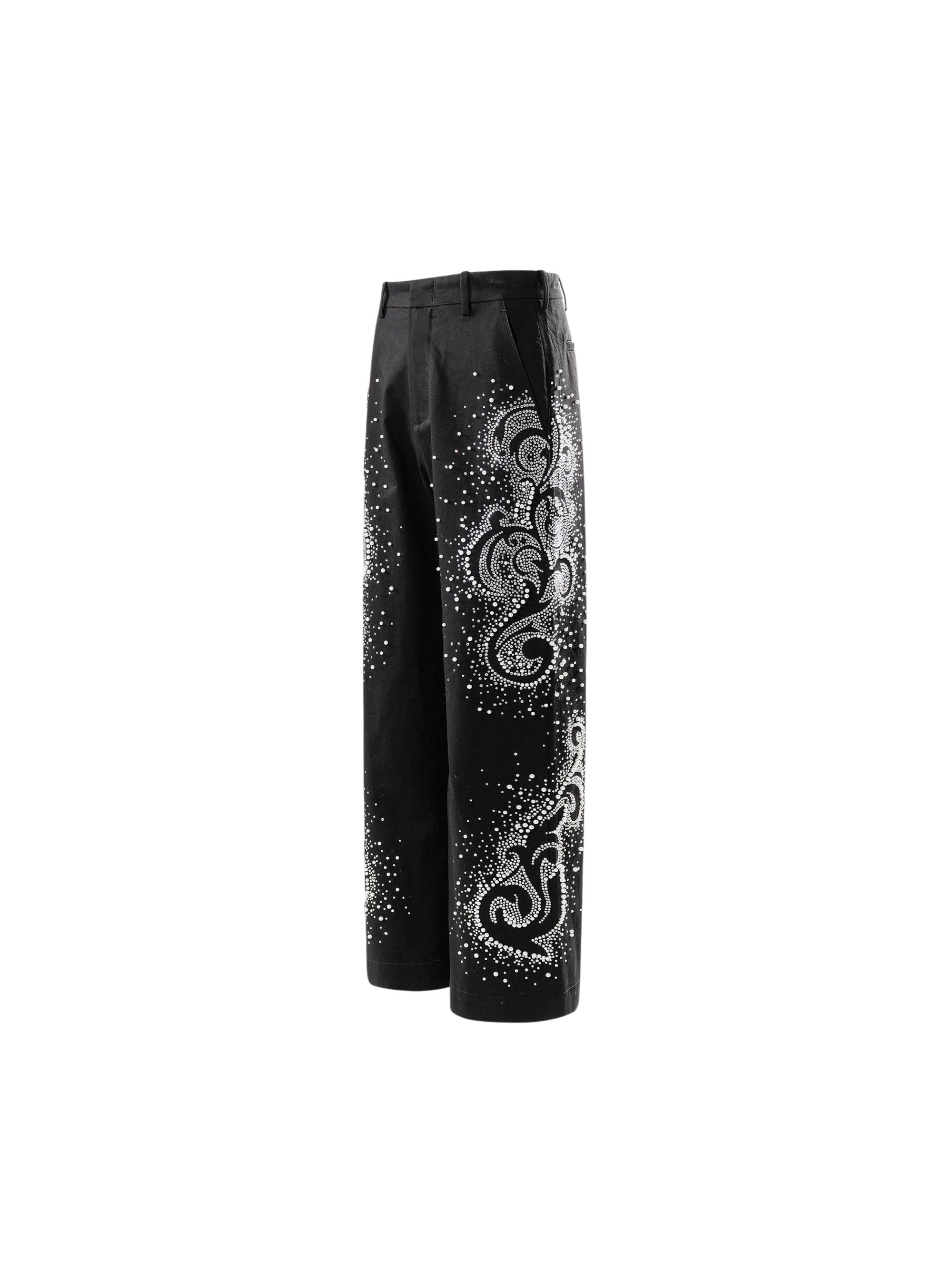 TBHNP Luminous Dawn pearl rhinestone wide-leg trousers, black — men's streetwear pants