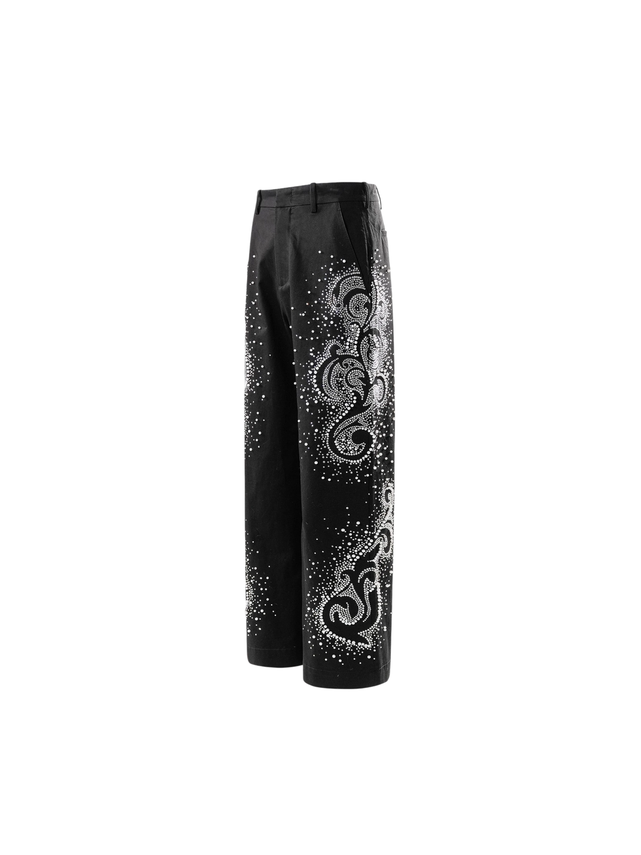 TBHNP Luminous Dawn pearl rhinestone wide-leg trousers, black — men's streetwear pants