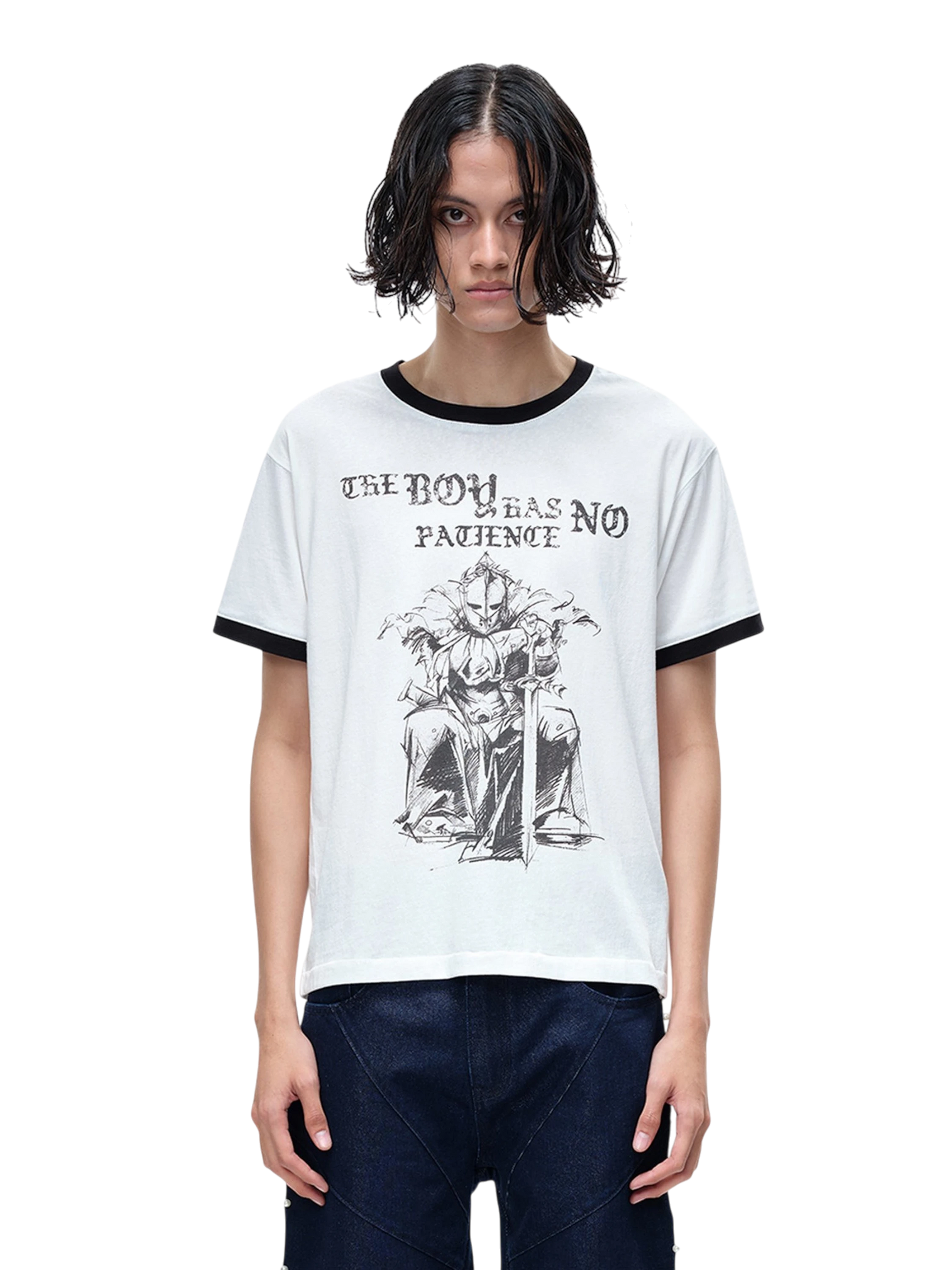 TBHNP Luminous Dawn sketch knight rhinestone ringer tee — men's streetwear graphic tee