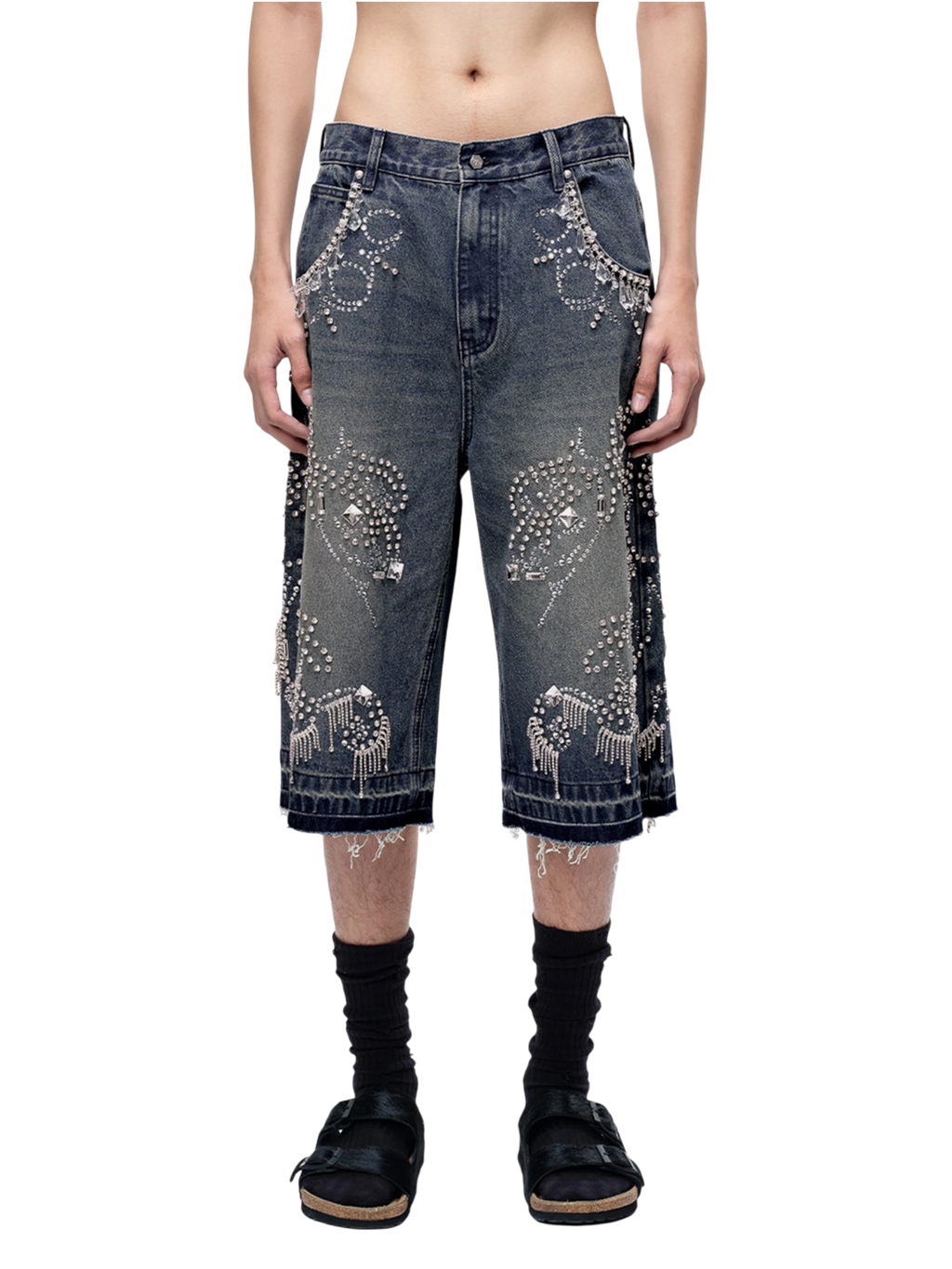 TBHNP Luminous Dawn rhinestone vine cropped wide-leg jeans — men's streetwear denim
