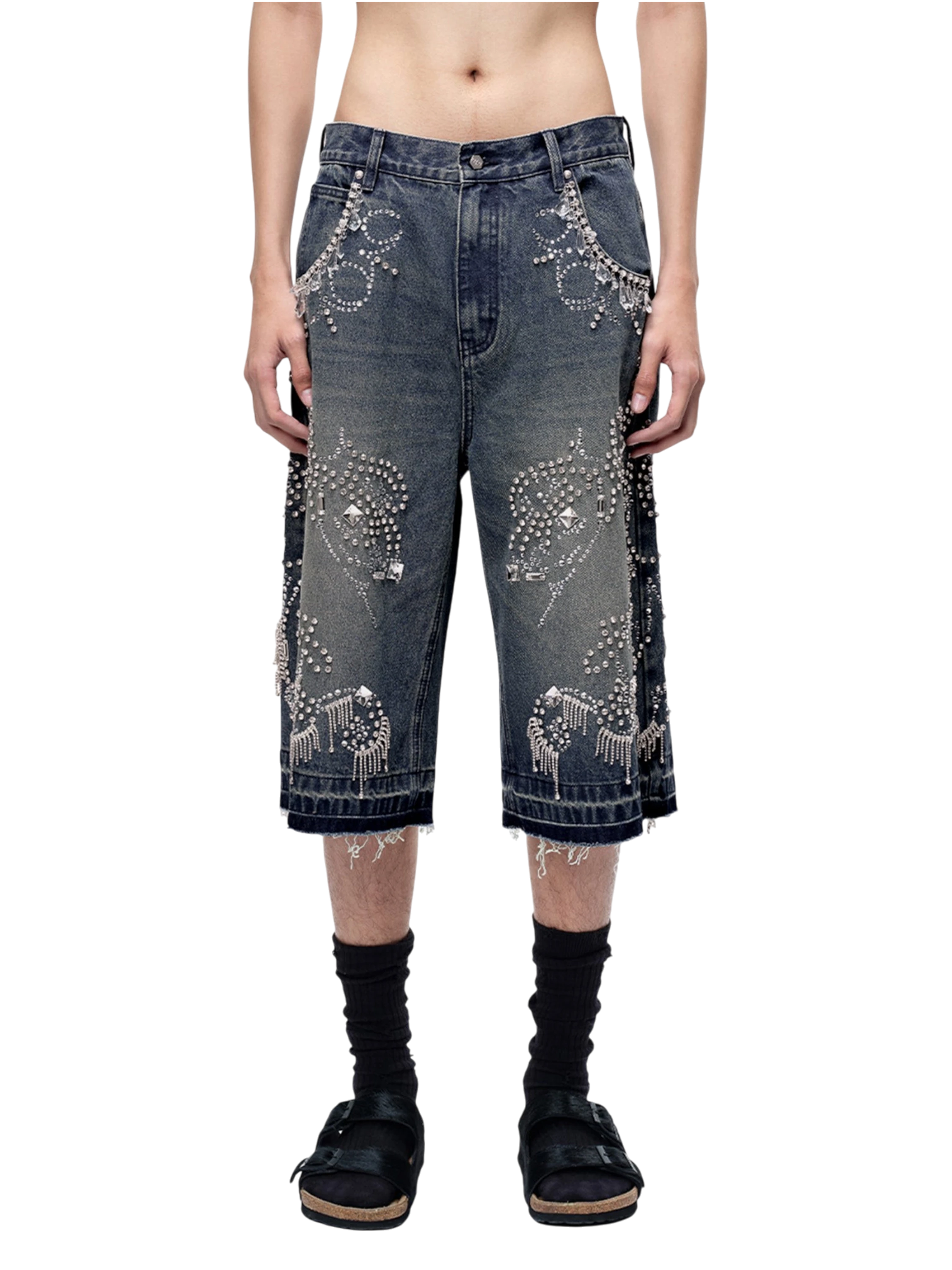 TBHNP Luminous Dawn rhinestone vine cropped wide-leg jeans — men's streetwear denim