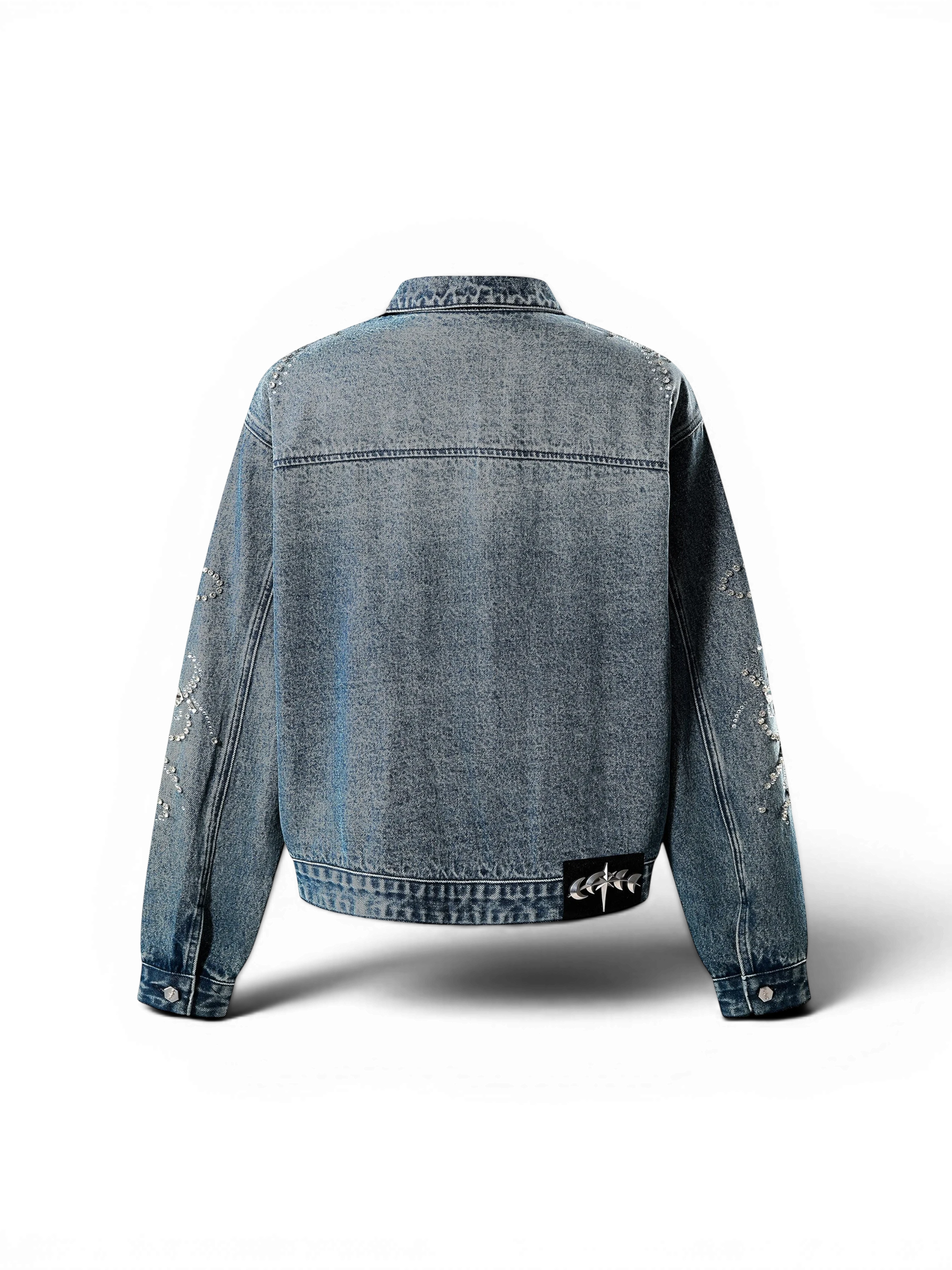 TBHNP Luminous Dawn rhinestone cropped denim jacket, blue — men's gothic streetwear jacket