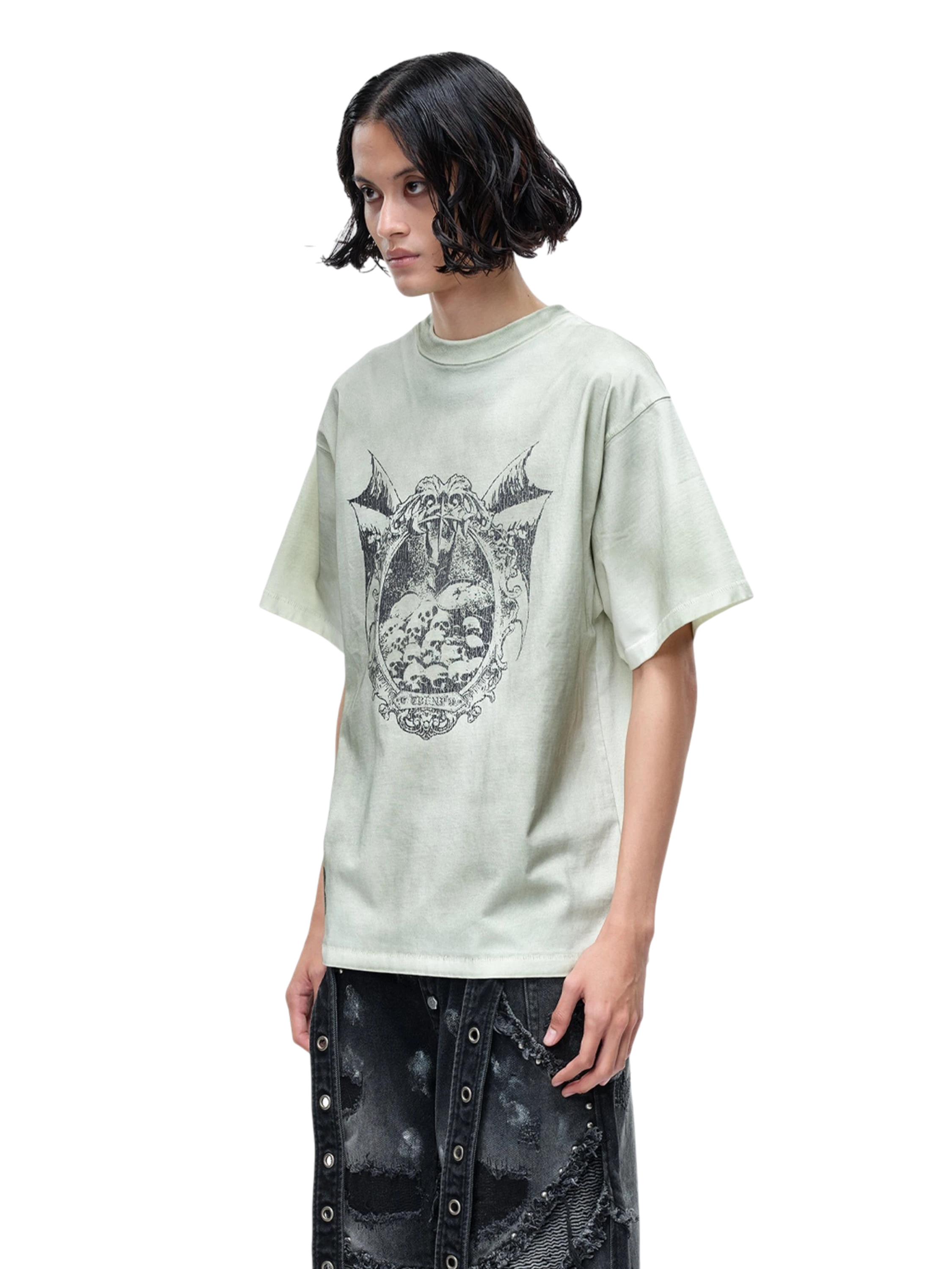 TBHNP Luminous Dawn knight badge washed t-shirt, white — men's streetwear graphic tee