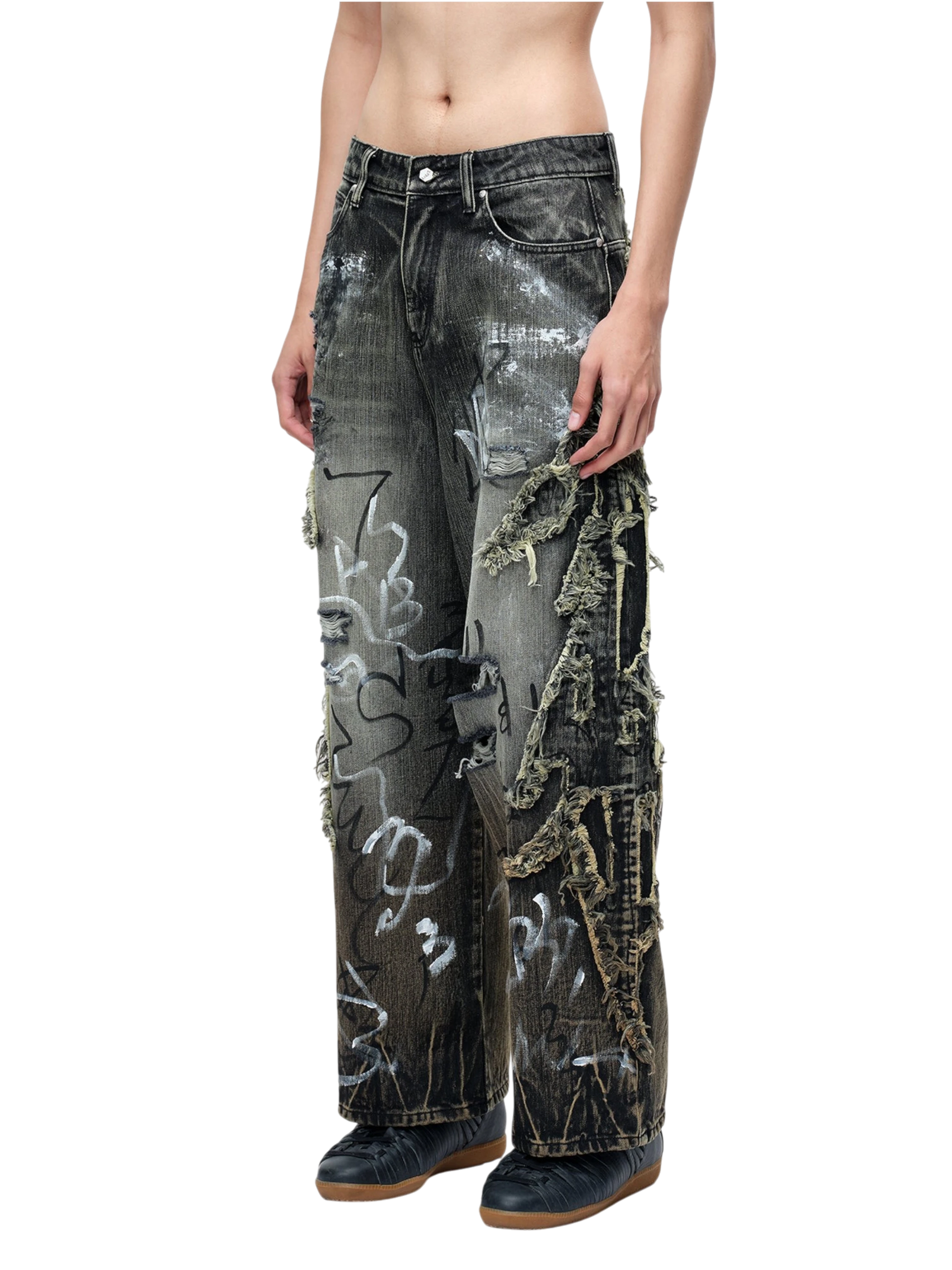 TBHNP Luminous Dawn graffiti distressed jeans, black — men's streetwear denim