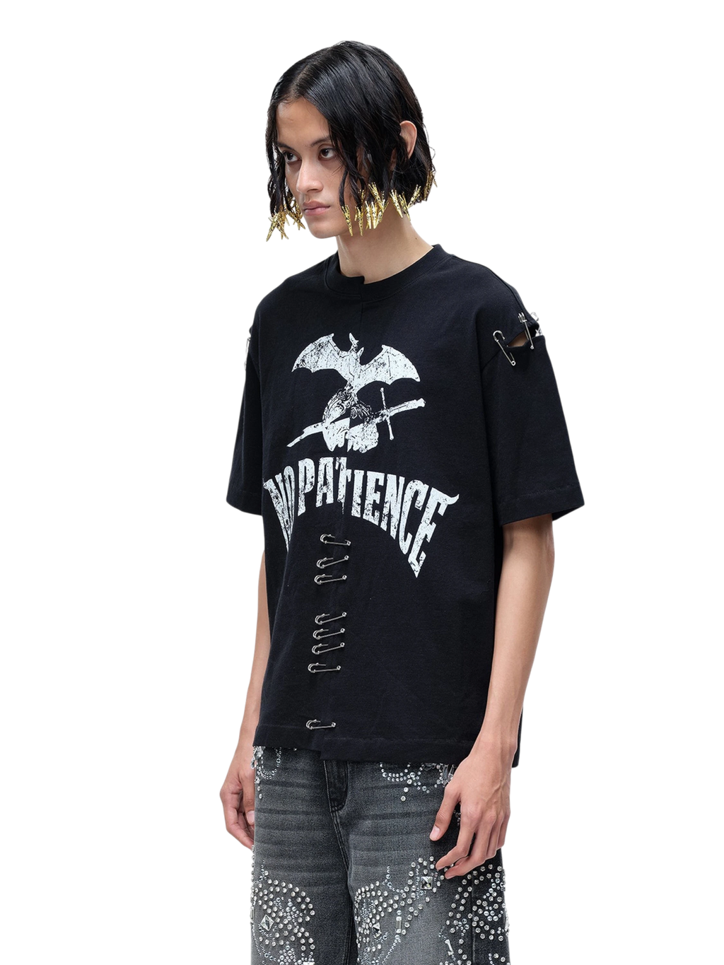 TBHNP Luminous Dawn destroyed patchwork heavyweight t-shirt, black — men's streetwear graphic tee