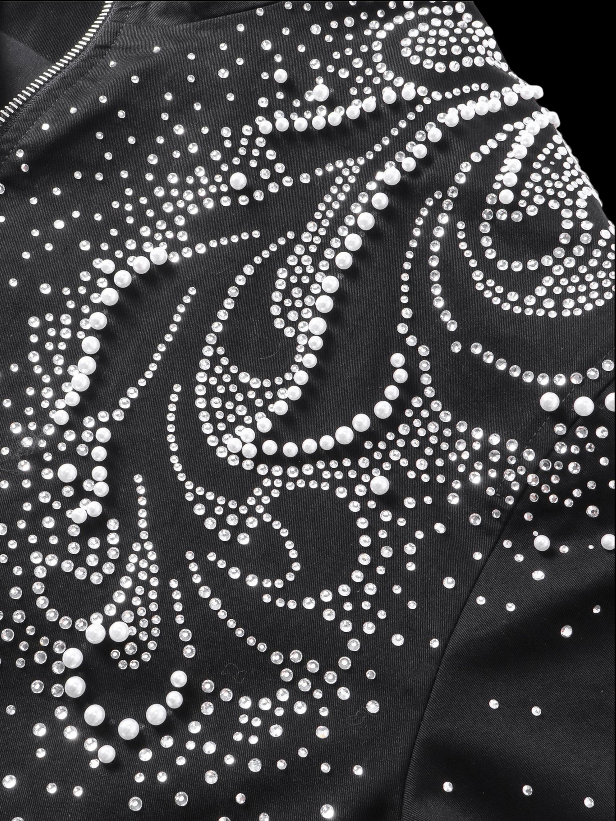 TBHNP Luminous Dawn pearl rhinestone cotton zip jacket, black — men's streetwear jacket