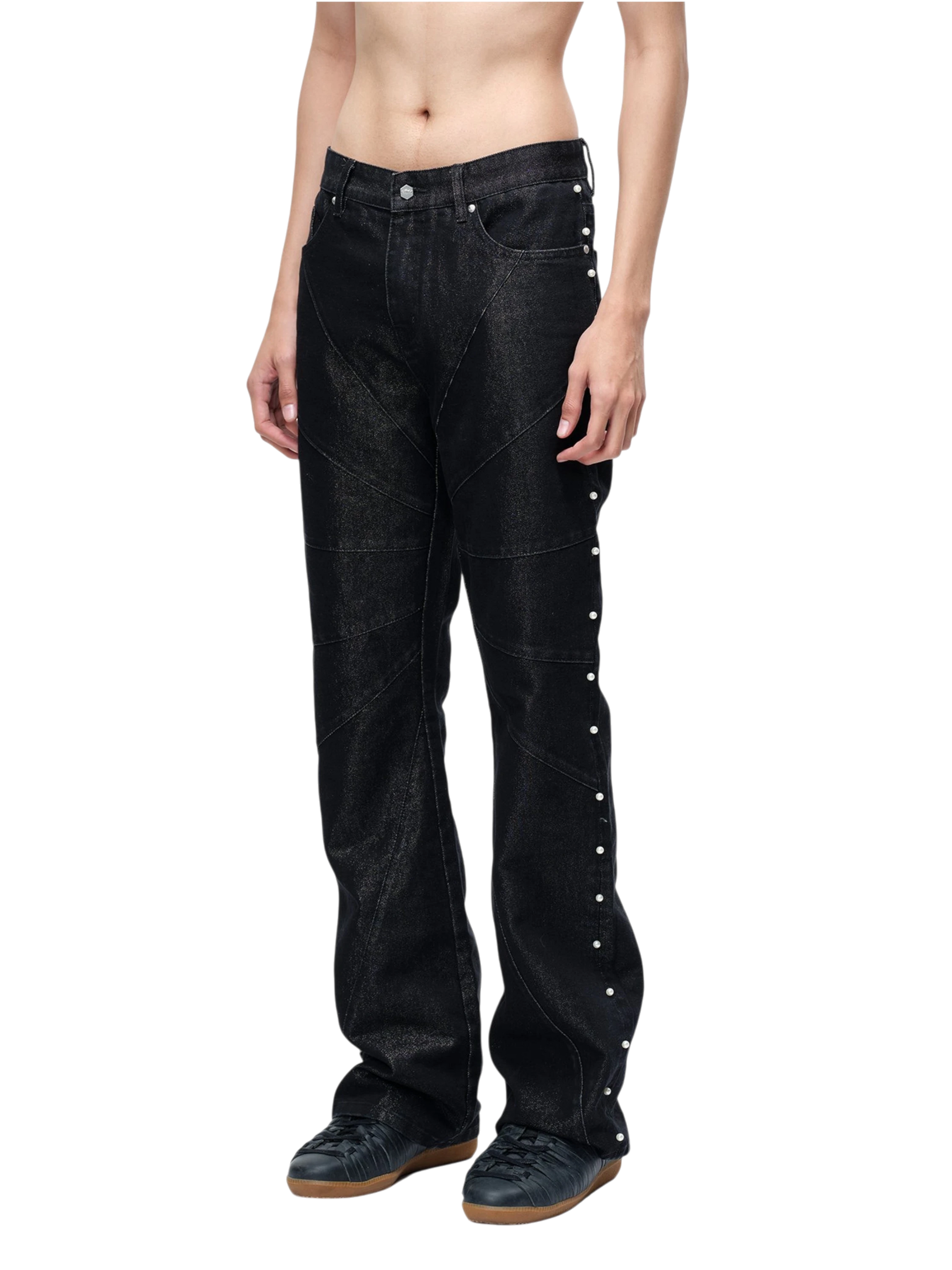 TBHNP Luminous Dawn astral logo coated flare jeans, black — men's streetwear denim