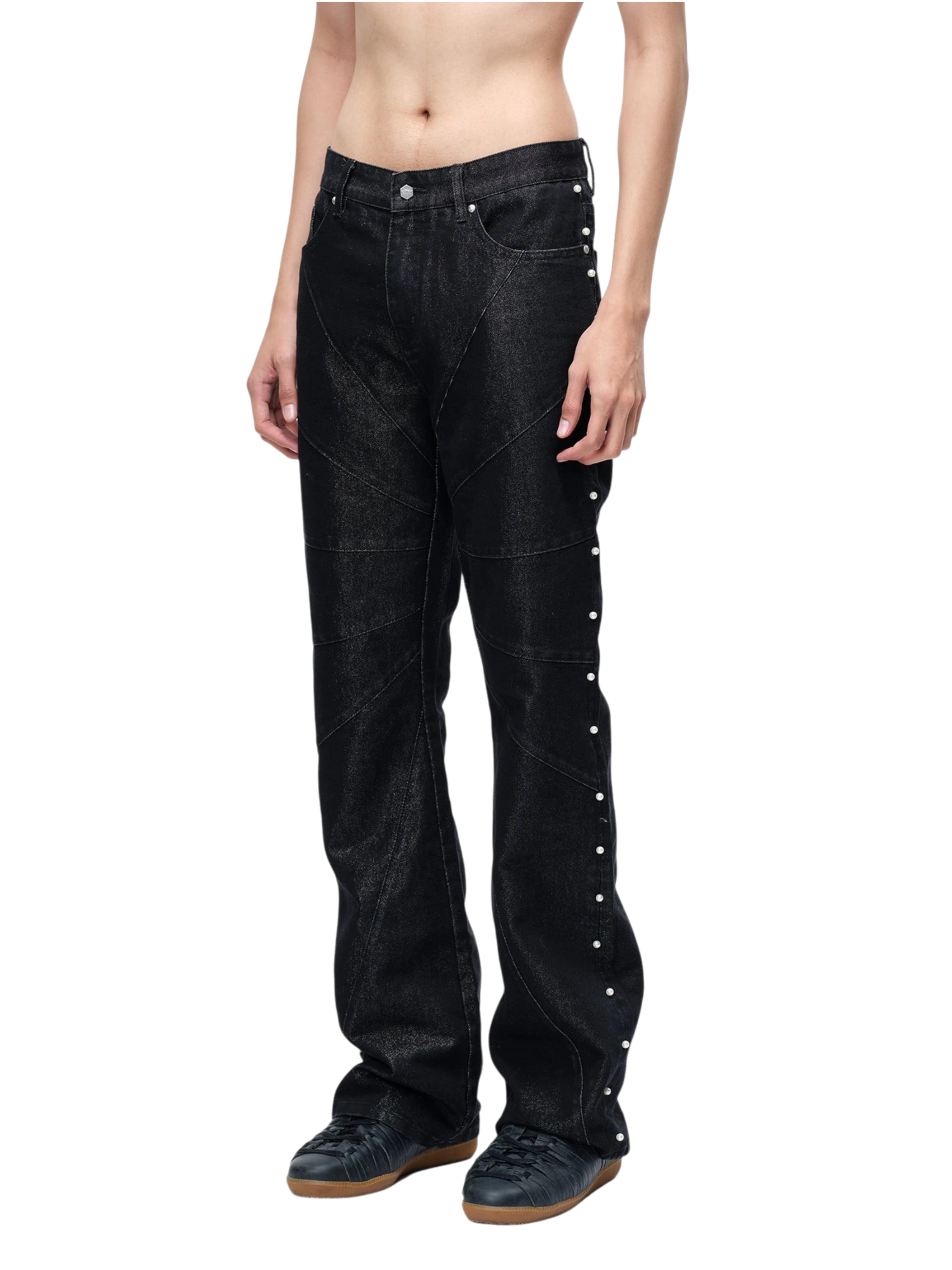 TBHNP Luminous Dawn astral logo coated flare jeans, black — men's streetwear denim