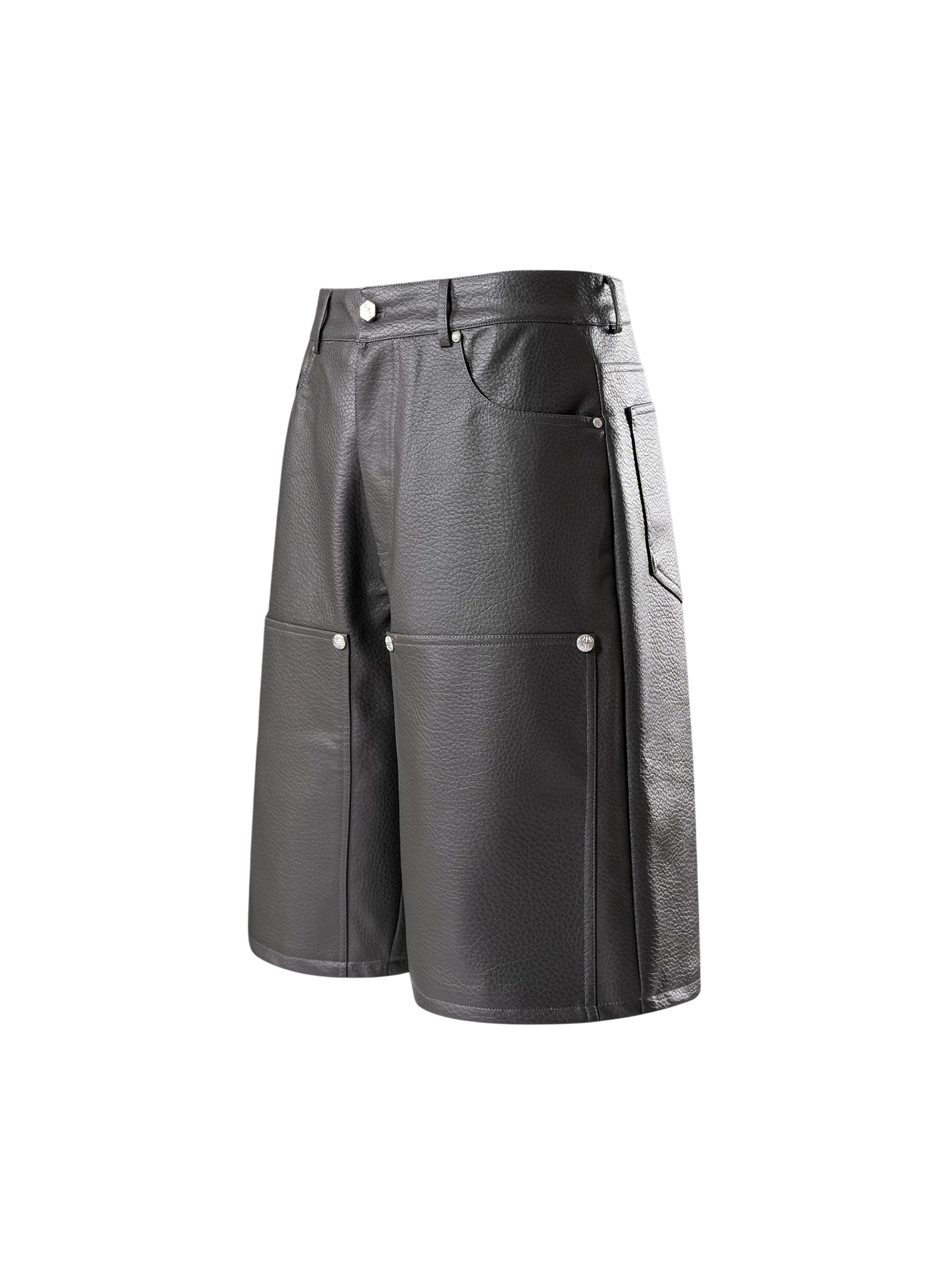 TBHNP grey faux-leather wide-leg shorts, angled flat-lay — men's streetwear shorts