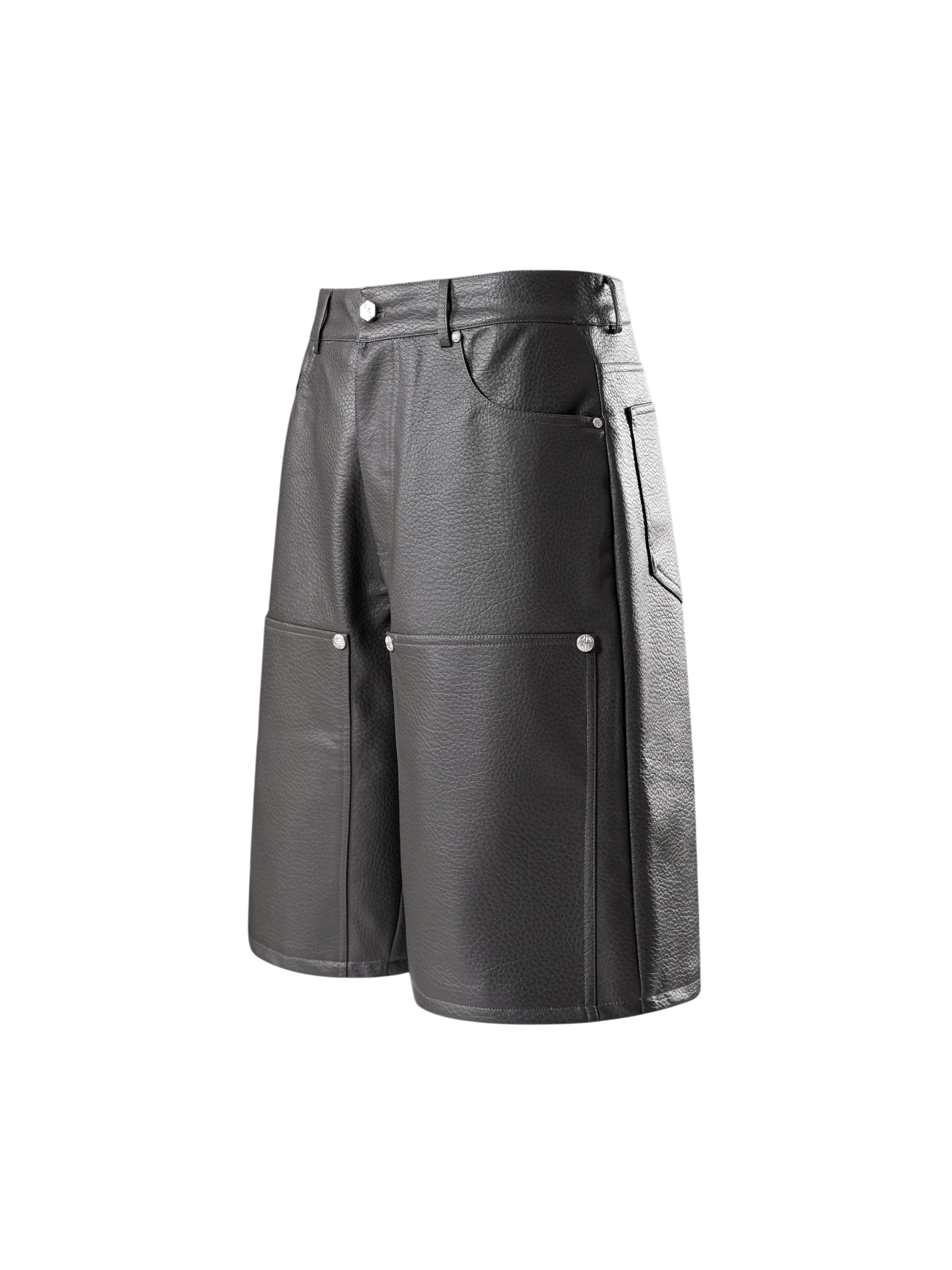 TBHNP grey faux-leather wide-leg shorts, angled flat-lay — men's streetwear shorts