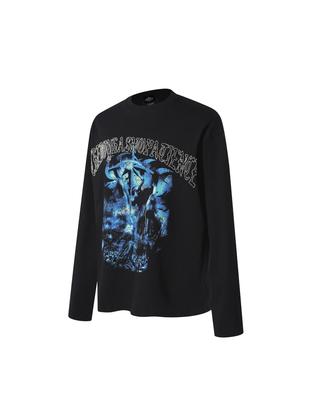 TBHNP Luminous Dawn distressed knight graphic long sleeve tee with bead-embroidered gothic lettering