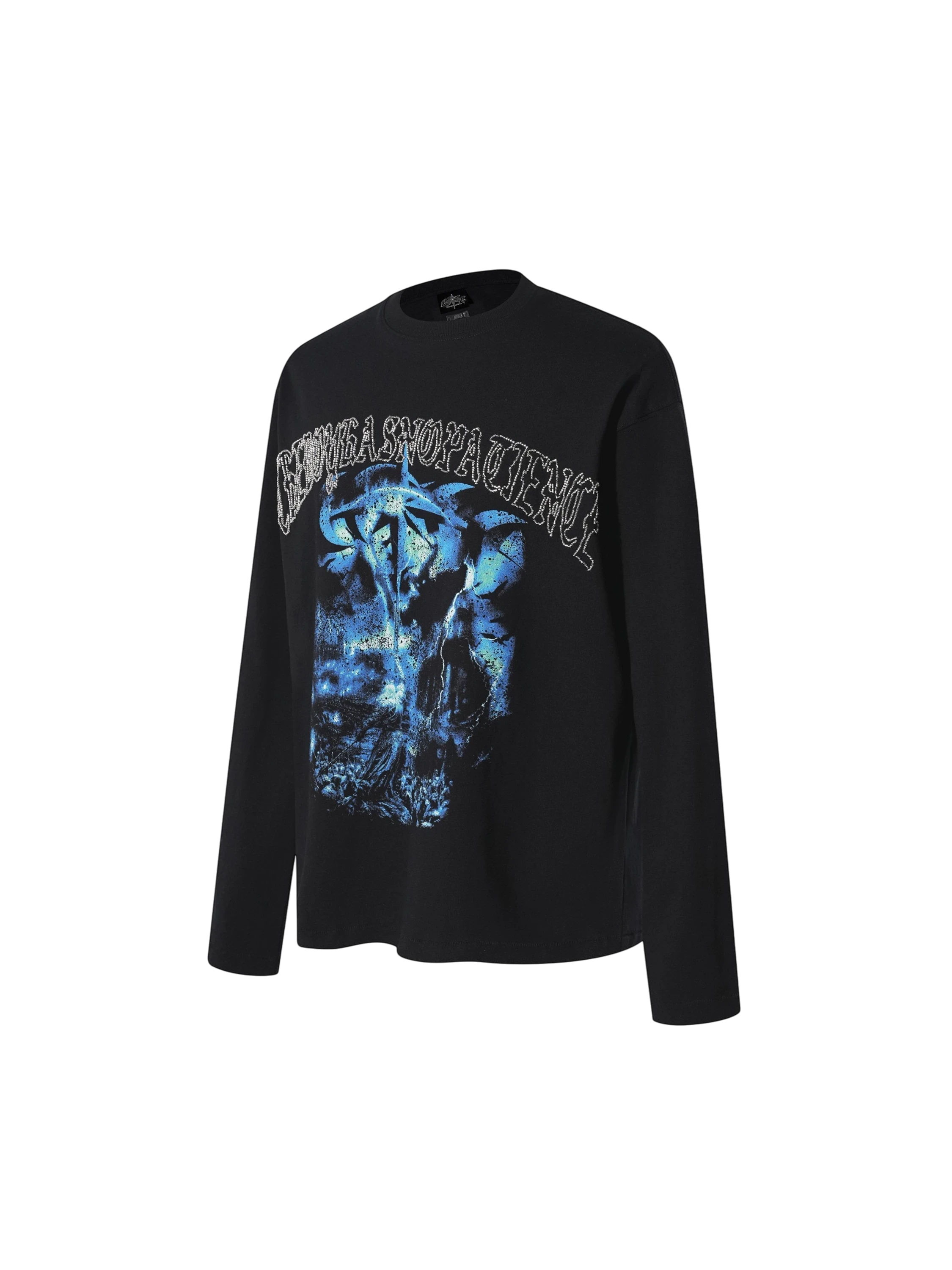 TBHNP Luminous Dawn distressed knight graphic long sleeve tee with bead-embroidered gothic lettering