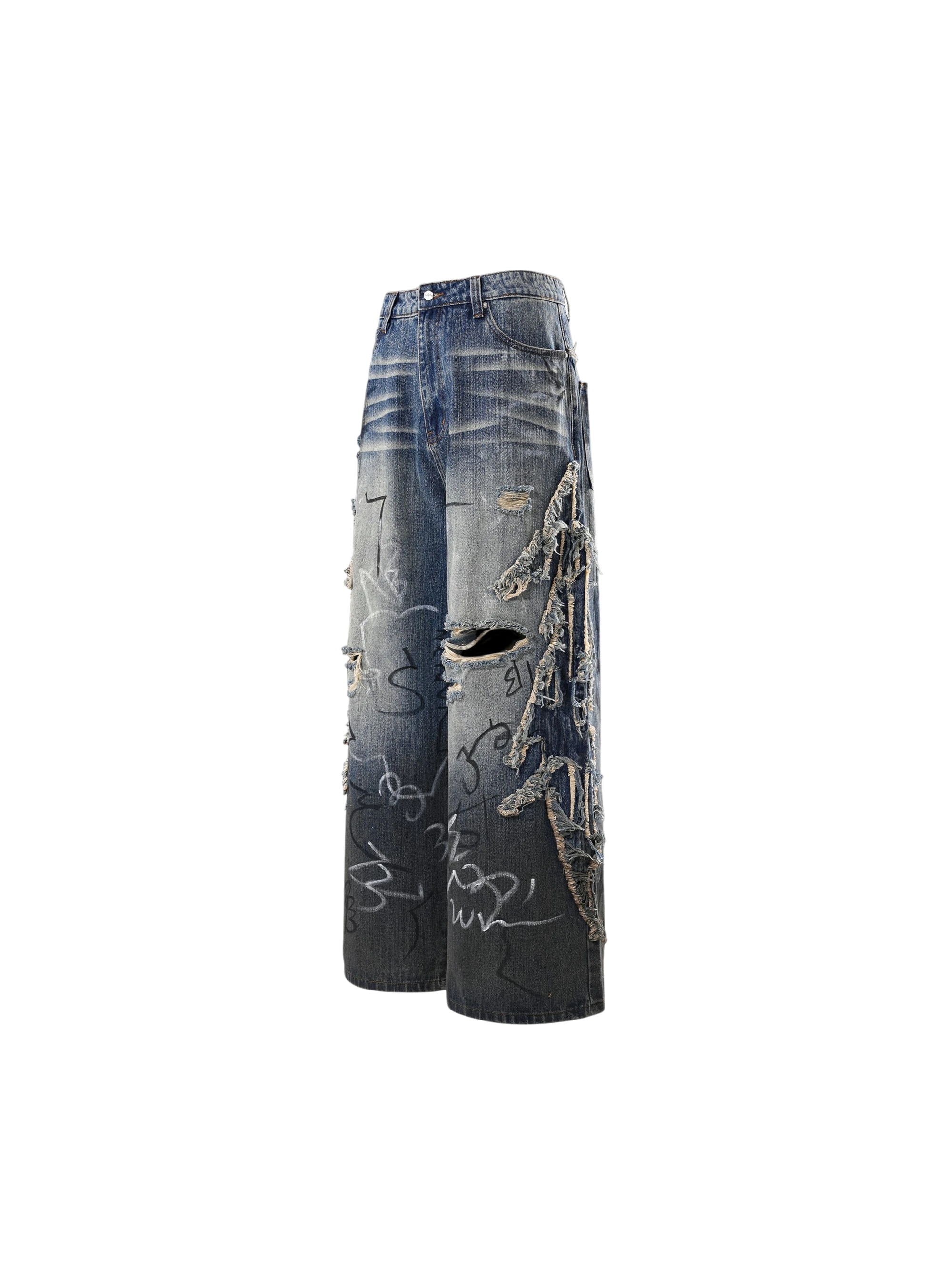 TBHNP Luminous Dawn baggy faded graffiti jeans, blue — men's distressed streetwear denim
