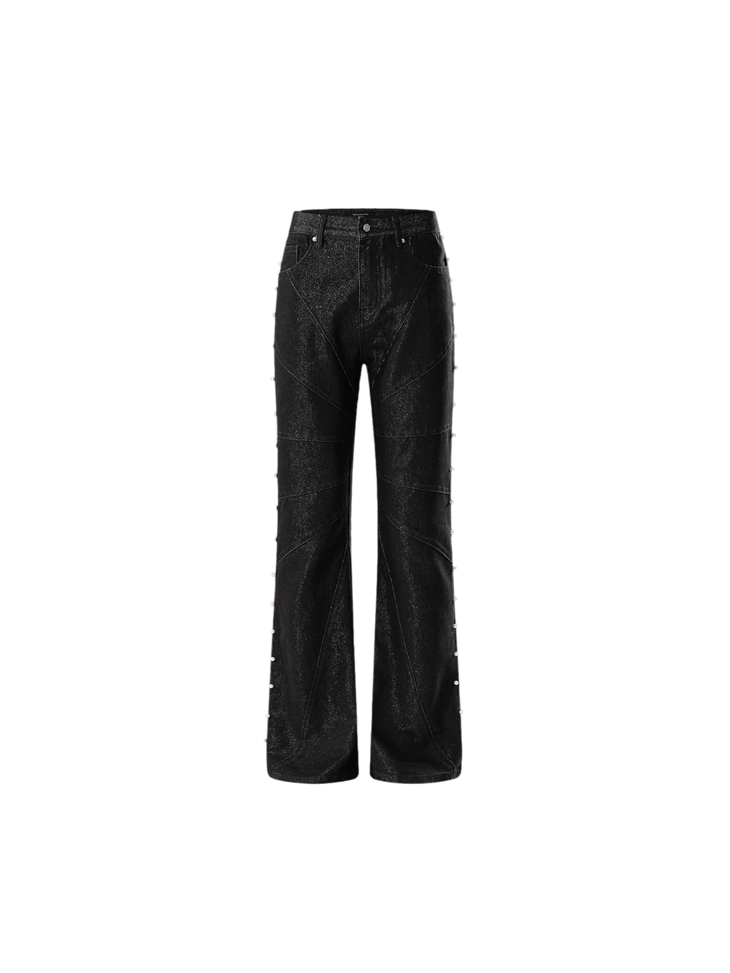 TBHNP Luminous Dawn astral logo coated flare jeans, black — men's streetwear denim