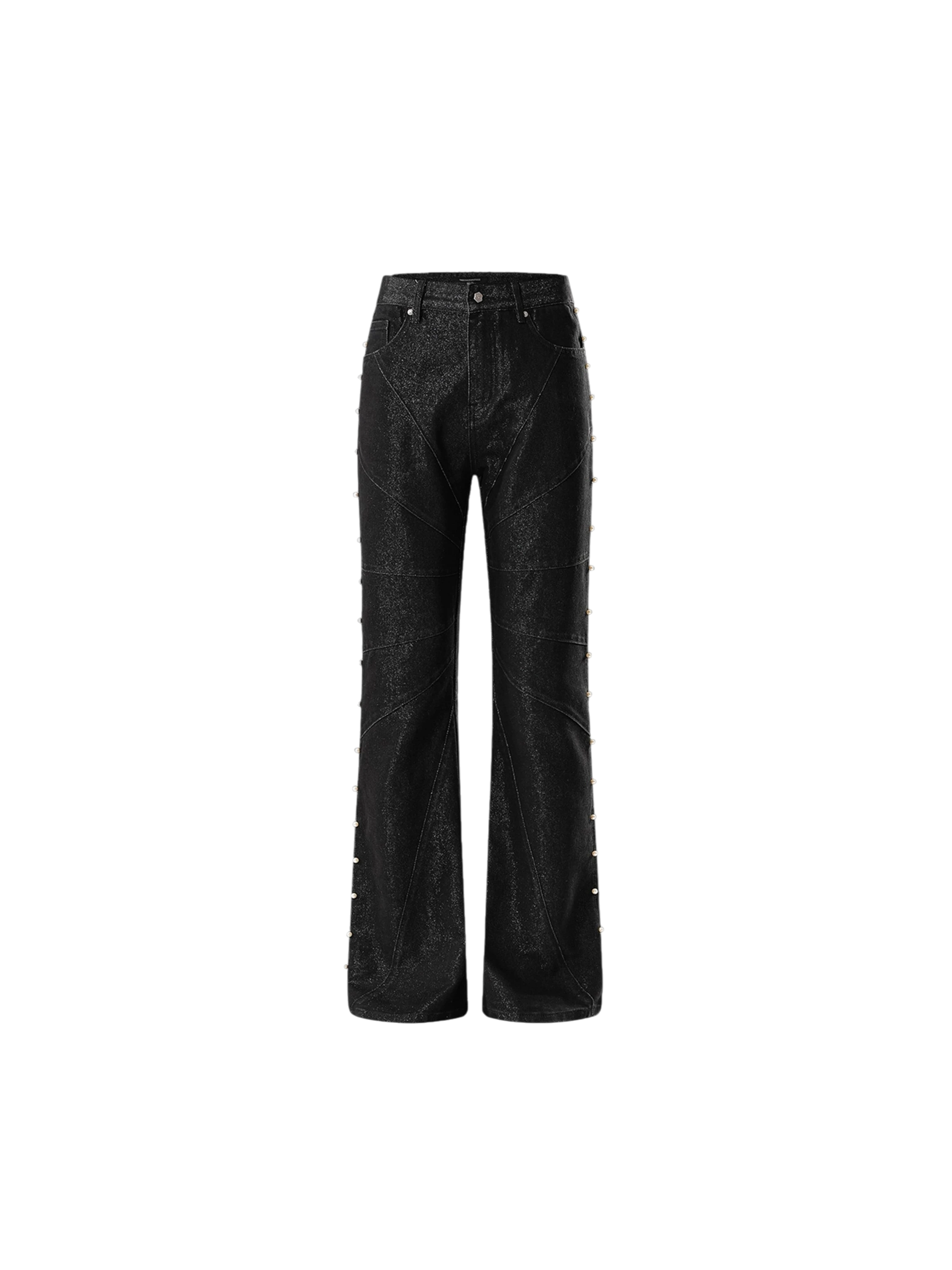 TBHNP Luminous Dawn astral logo coated flare jeans, black — men's streetwear denim