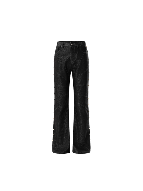 TBHNP Luminous Dawn astral logo coated flare jeans, black — men's streetwear denim