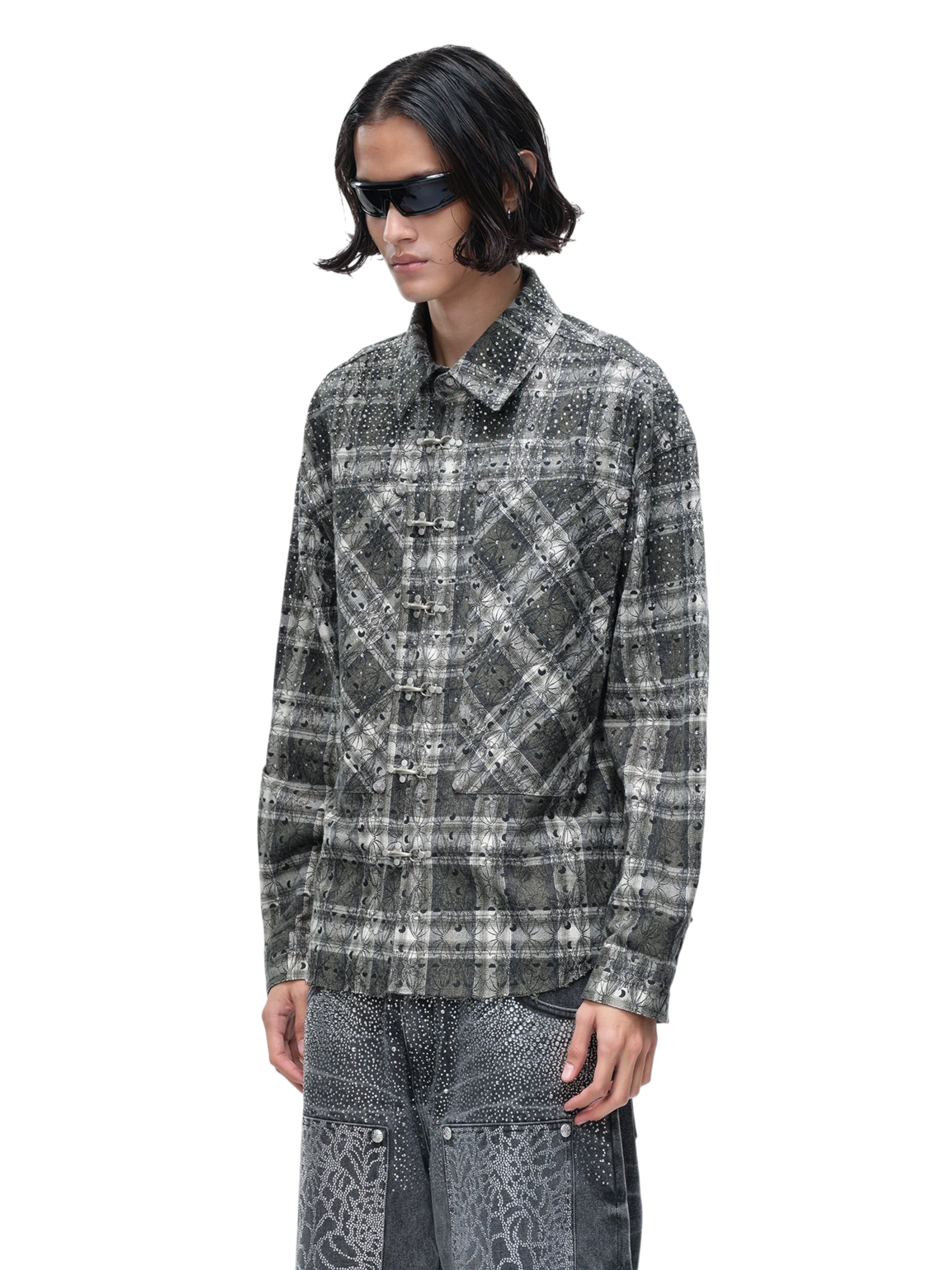 TBHNP Luminous Dawn Shadowbat buckle plaid flannel shirt — men's gothic streetwear button-up