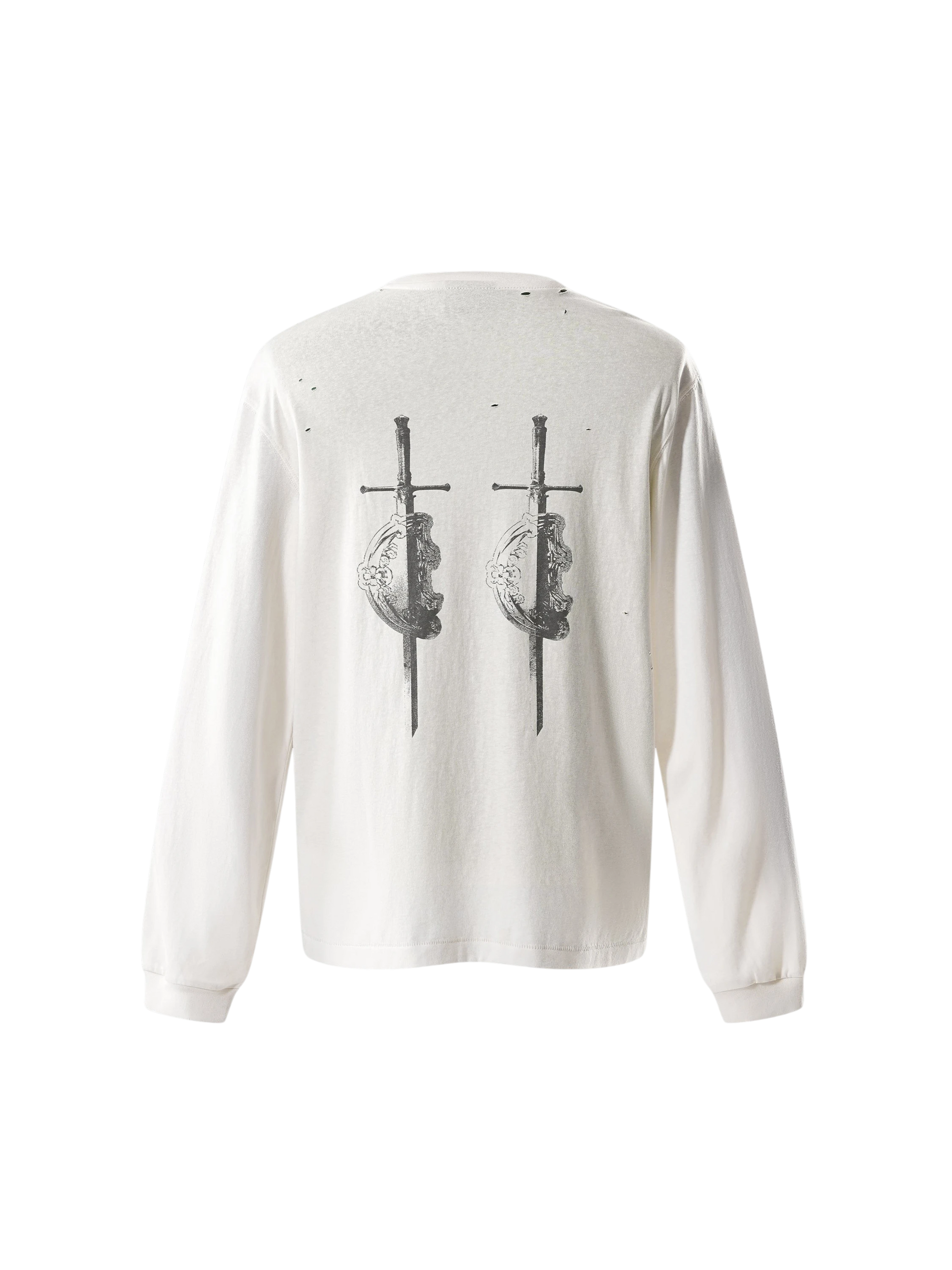 TBHNP Luminous Dawn distressed sword and shield print long-sleeve cotton t-shirt — men's streetwear long sleeve tee