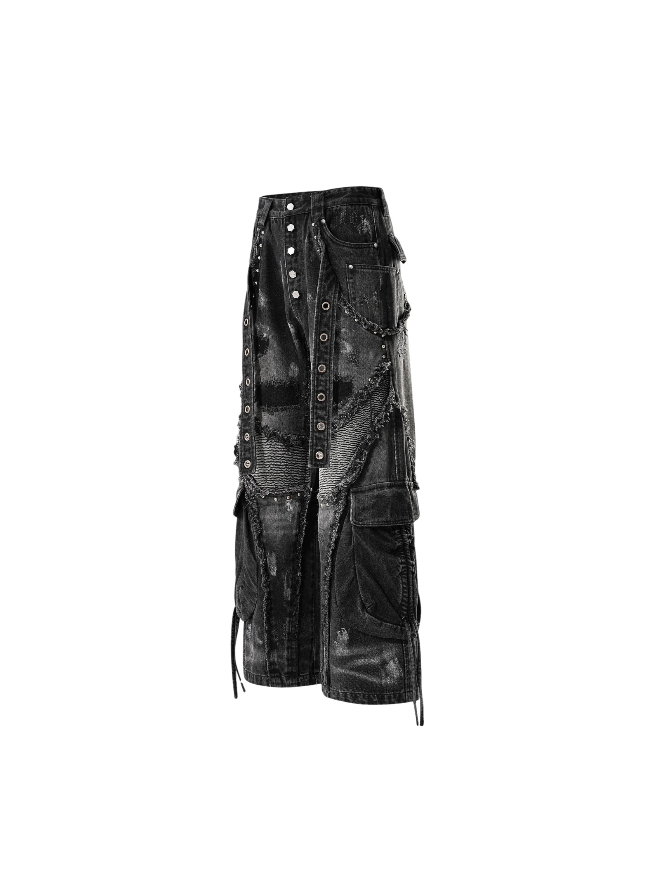 TBHNP Luminous Dawn rivet ribbon baggy jeans, black — men's streetwear denim