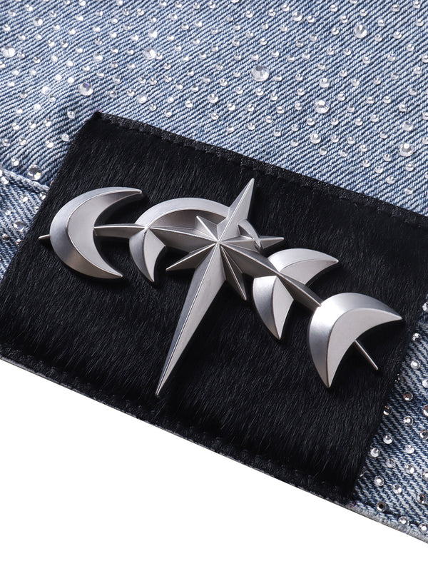 LUMINOUS DAWN RHINESTONE PEARL MESH DENIM JACKET