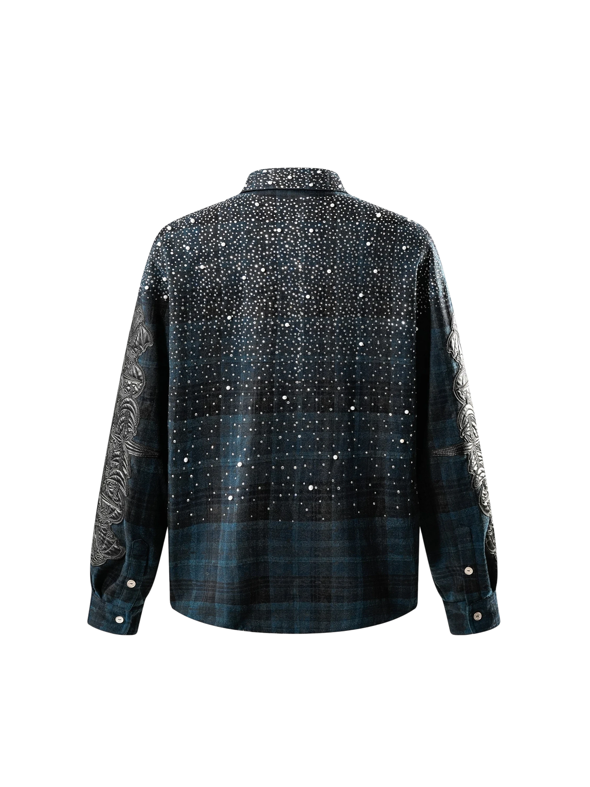 TBHNP Luminous Dawn rhinestone bat pattern plaid flannel shirt — men's gothic streetwear button-up
