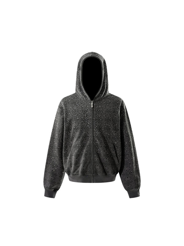 LUMINOUS DAWN DARK PATTERN RHINESTONE ZIP HOODIE