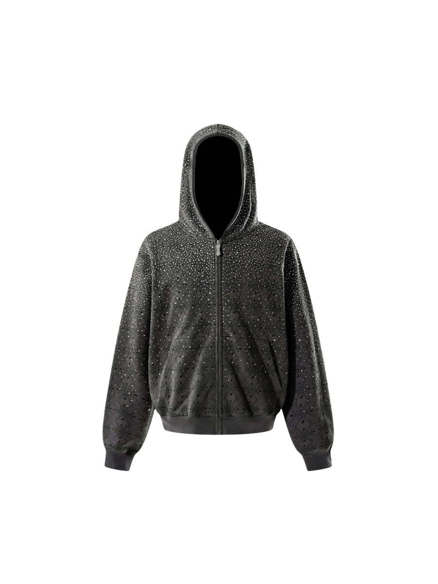 LUMINOUS DAWN DARK PATTERN RHINESTONE ZIP HOODIE