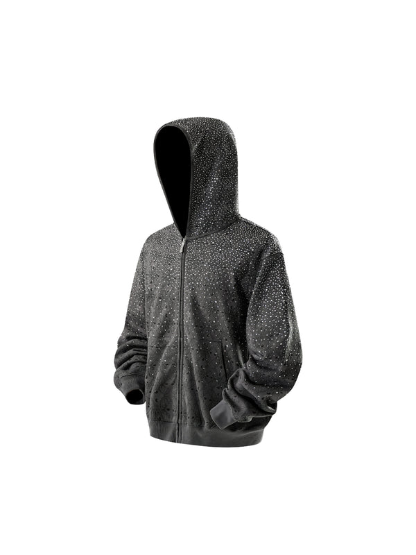 LUMINOUS DAWN DARK PATTERN RHINESTONE ZIP HOODIE
