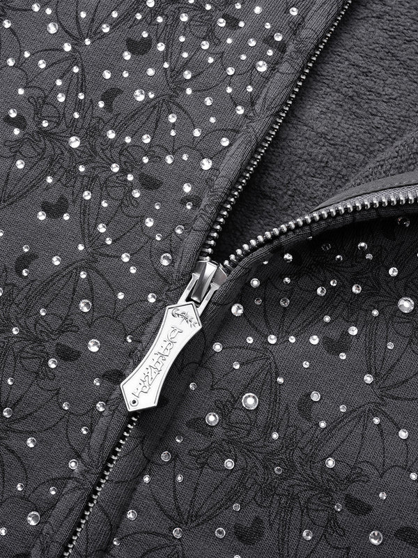 LUMINOUS DAWN DARK PATTERN RHINESTONE ZIP HOODIE