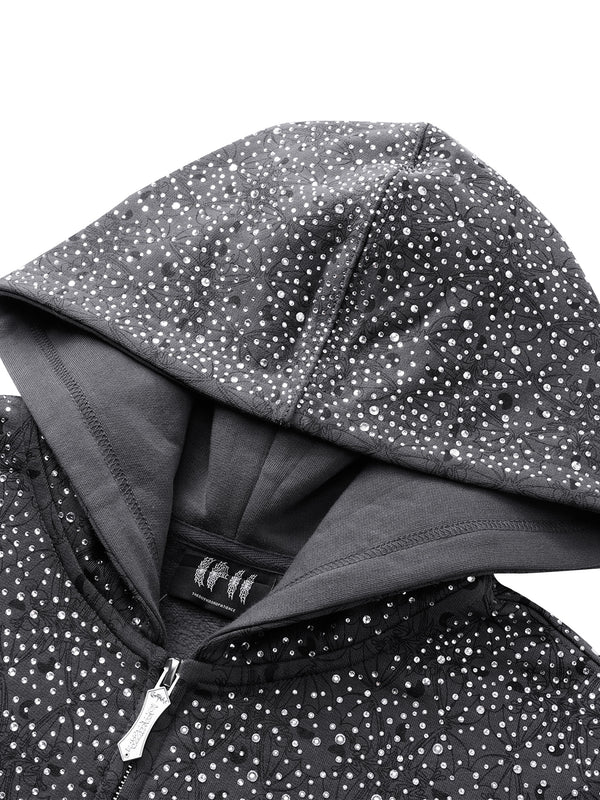 LUMINOUS DAWN DARK PATTERN RHINESTONE ZIP HOODIE